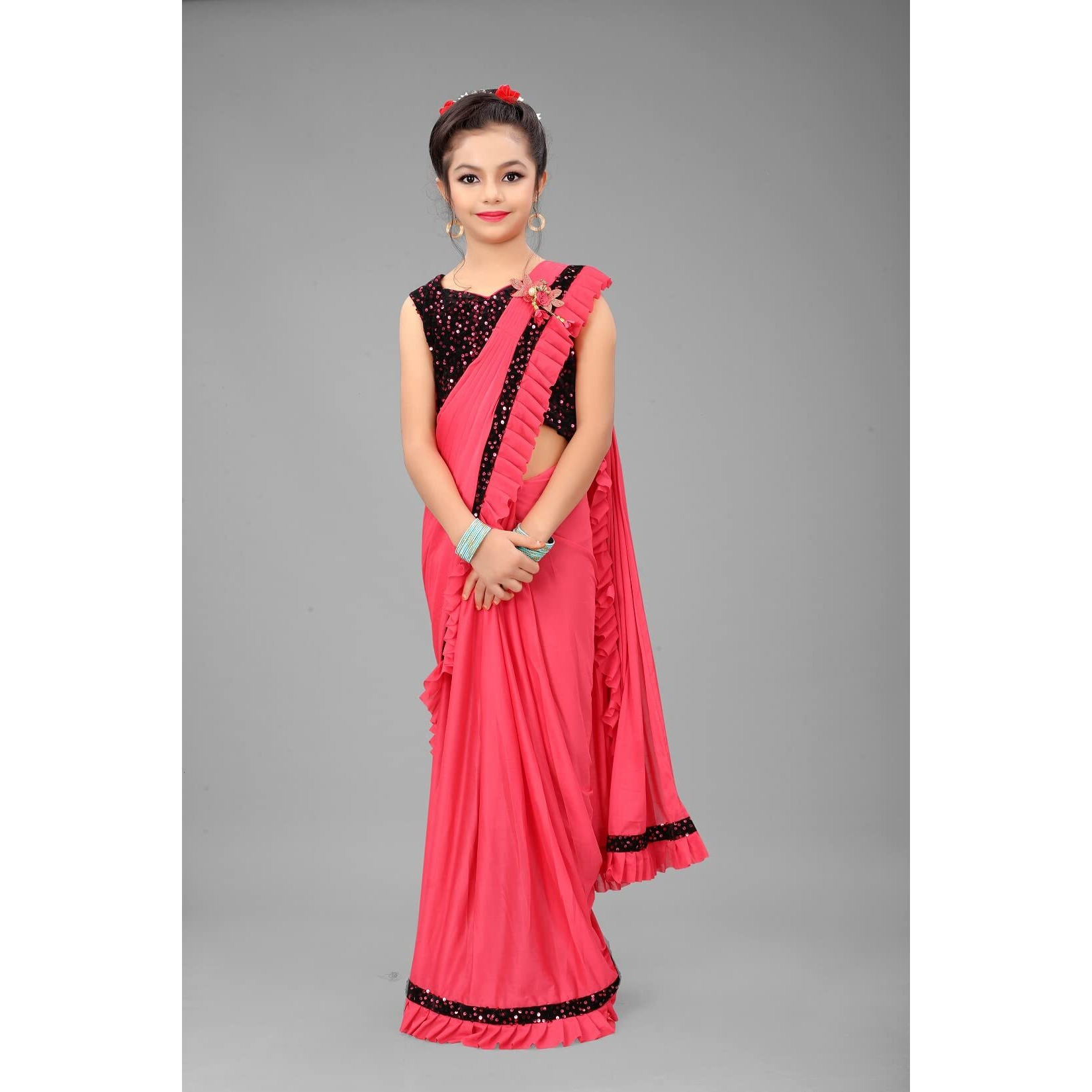 Dhyey fashion Girls Lycra Blend Ruffle Pattern Saree With Velvet Unstitched Blouse Piece