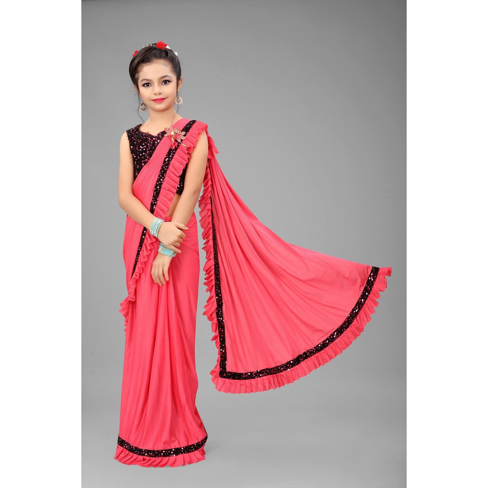 Dhyey fashion Girls Lycra Blend Ruffle Pattern Saree With Velvet Unstitched Blouse Piece