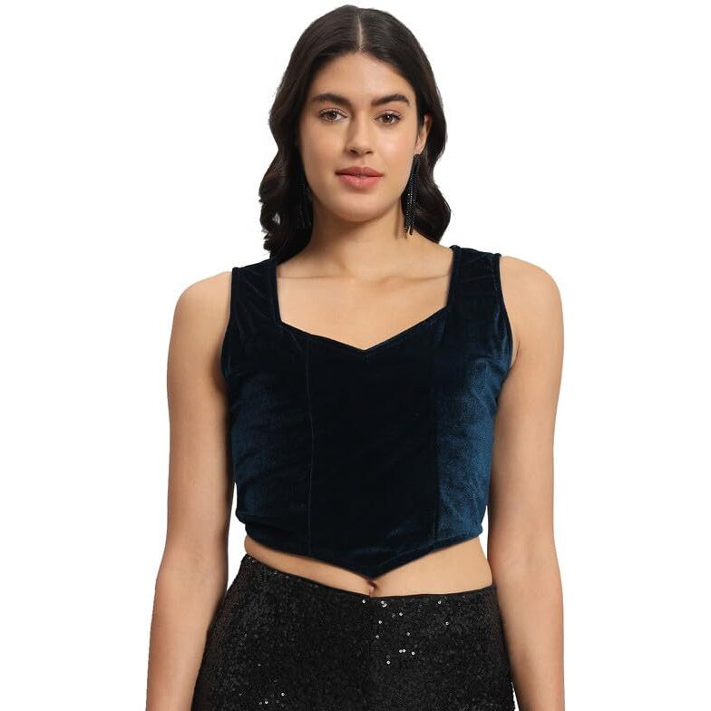Vaararo Readymade Party Blouse for Women | Shiny Velvet Sleeveless Stylish Outfit Peacock Blue XXX-Large