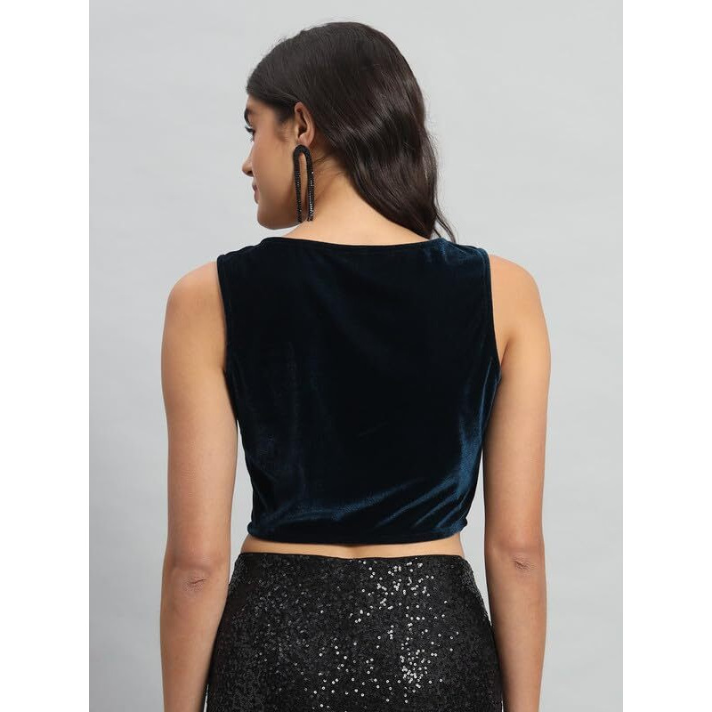 Vaararo Readymade Party Blouse for Women | Shiny Velvet Sleeveless Stylish Outfit Peacock Blue XXX-Large