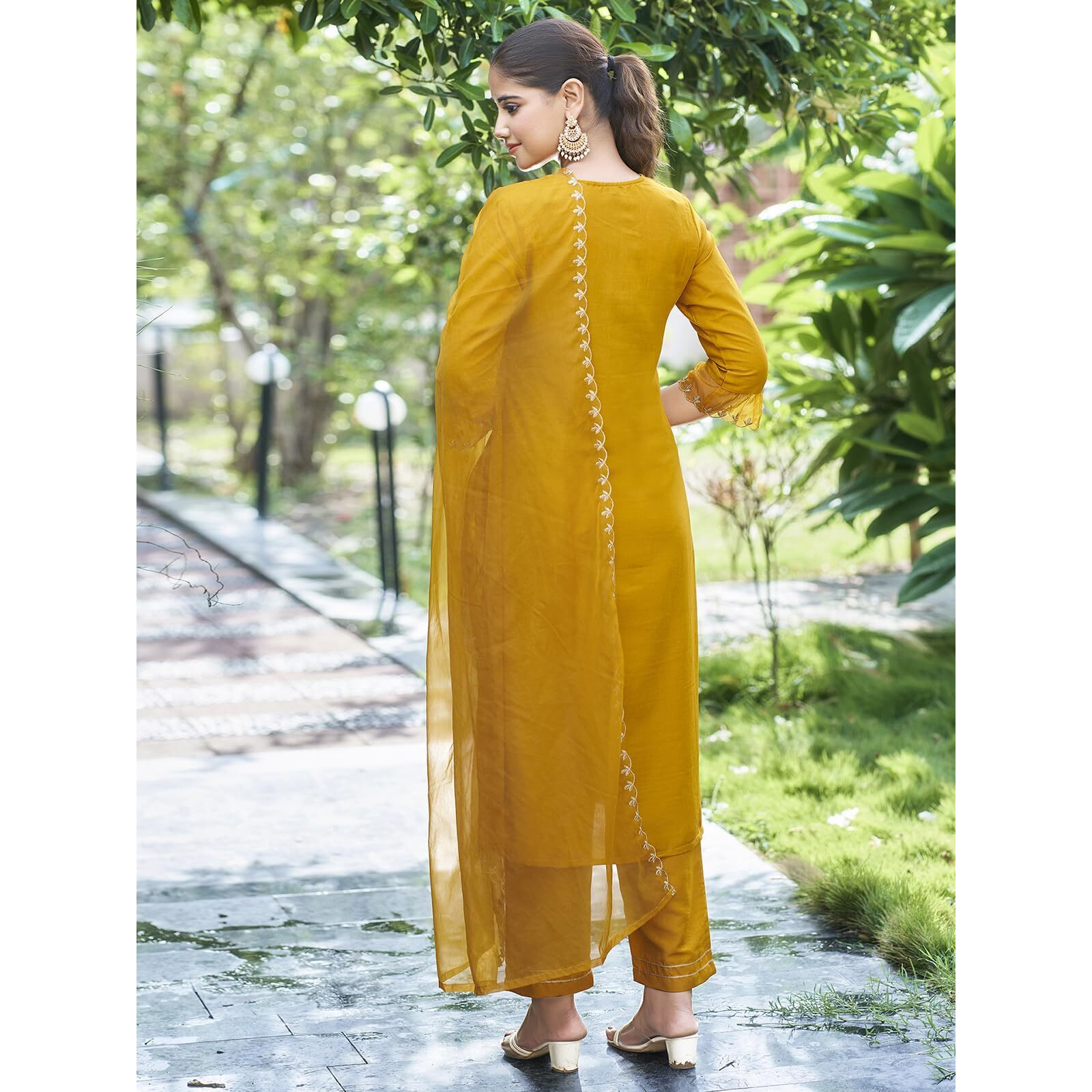 Sanisa Women's Chinnon Silk & Organza Sequence and Embroidery Work Straight Kurta with Pant and Dupatta Set (38KBD480NB-L_Yellow)