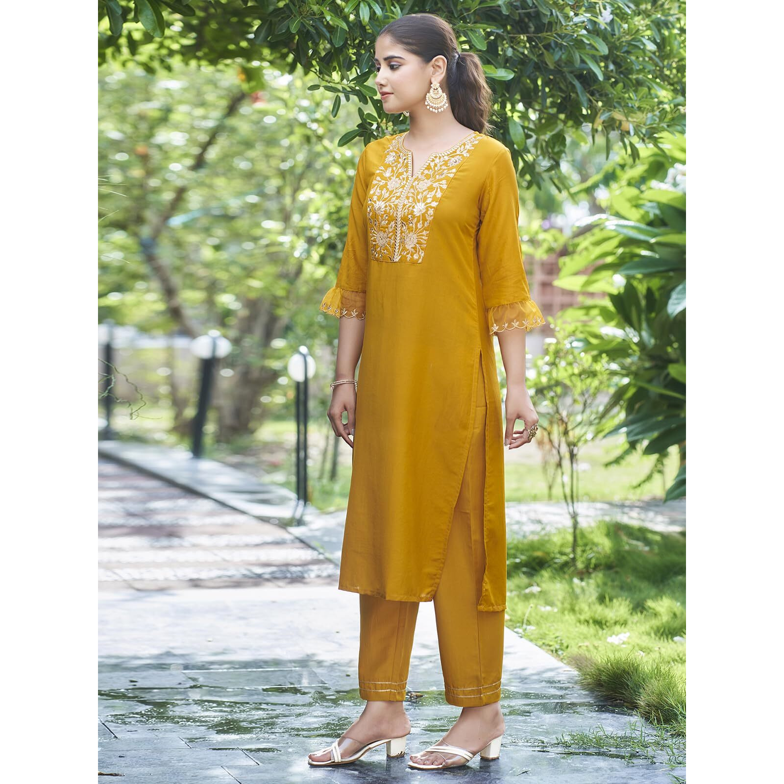 Sanisa Women's Chinnon Silk & Organza Sequence and Embroidery Work Straight Kurta with Pant and Dupatta Set (38KBD480NB-L_Yellow)