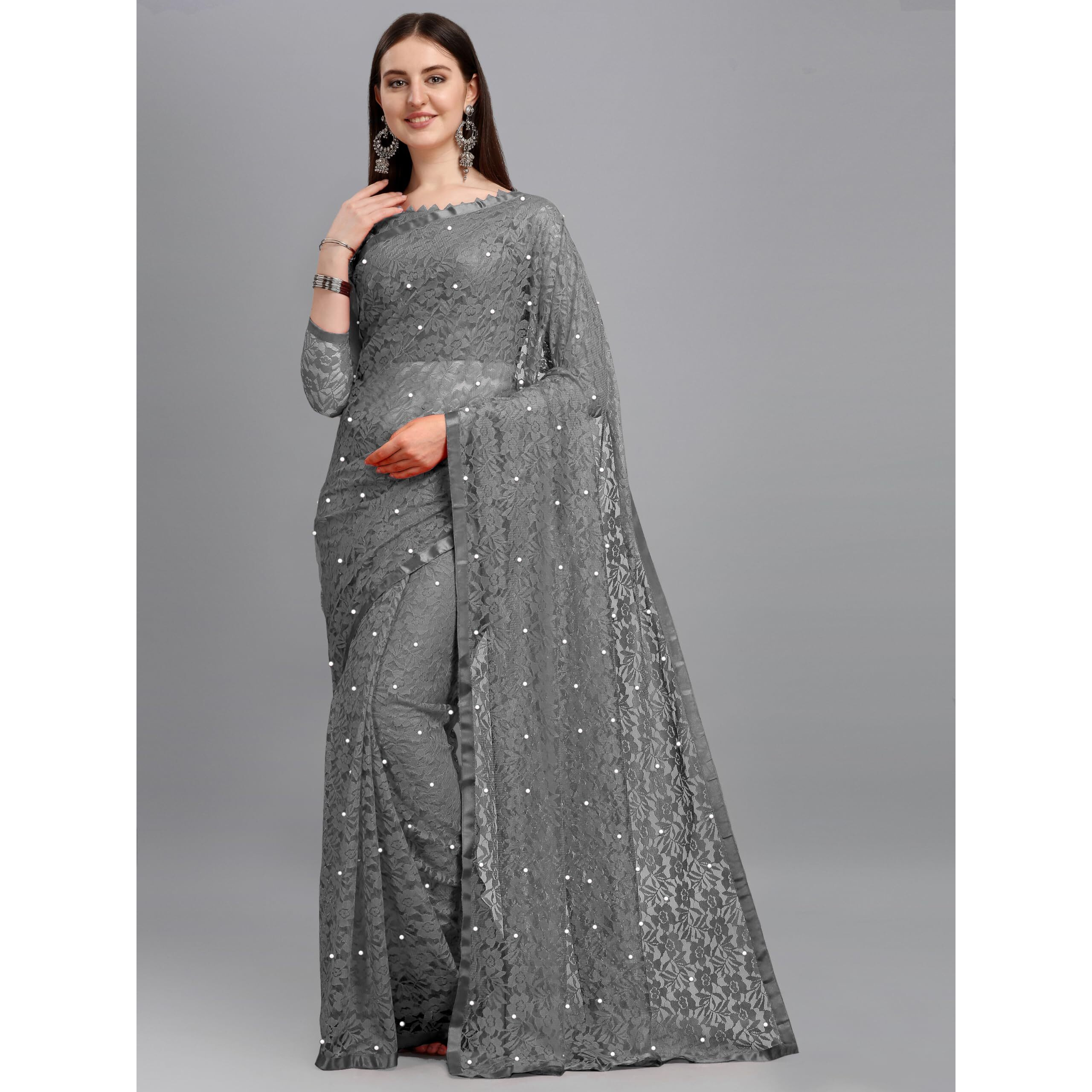LOROFY Women's Brasso Net Saree With Blouse (Grey)