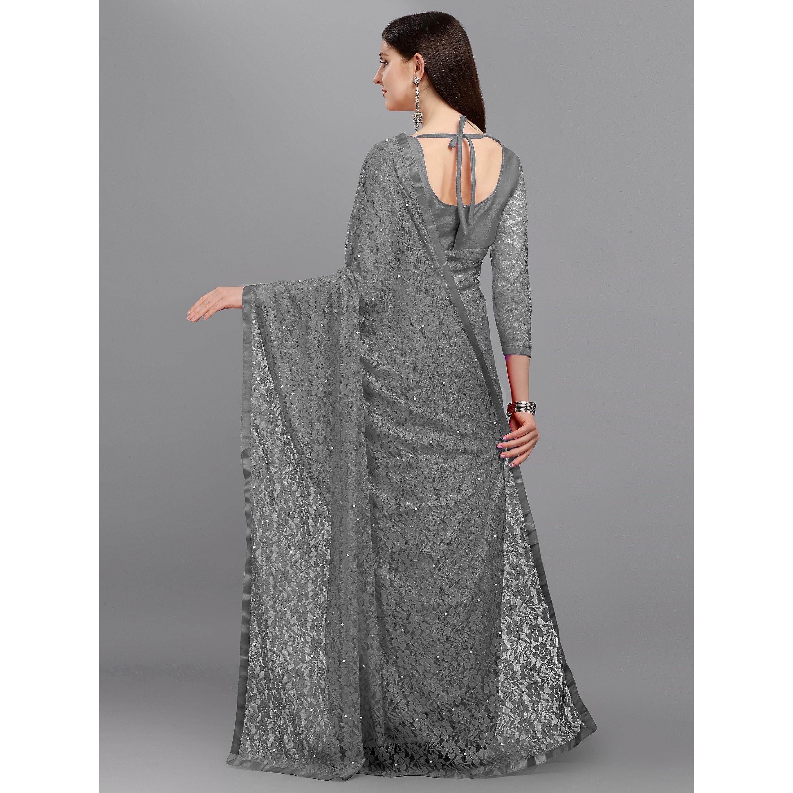 LOROFY Women's Brasso Net Saree With Blouse (Grey)