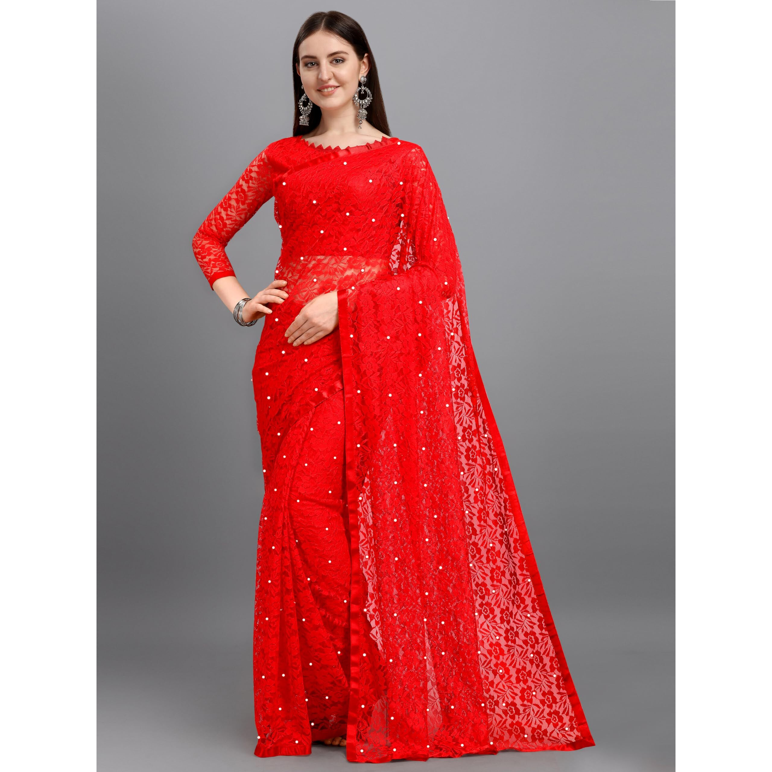 LOROFY Women's Brasso Net Saree With Blouse (Red)