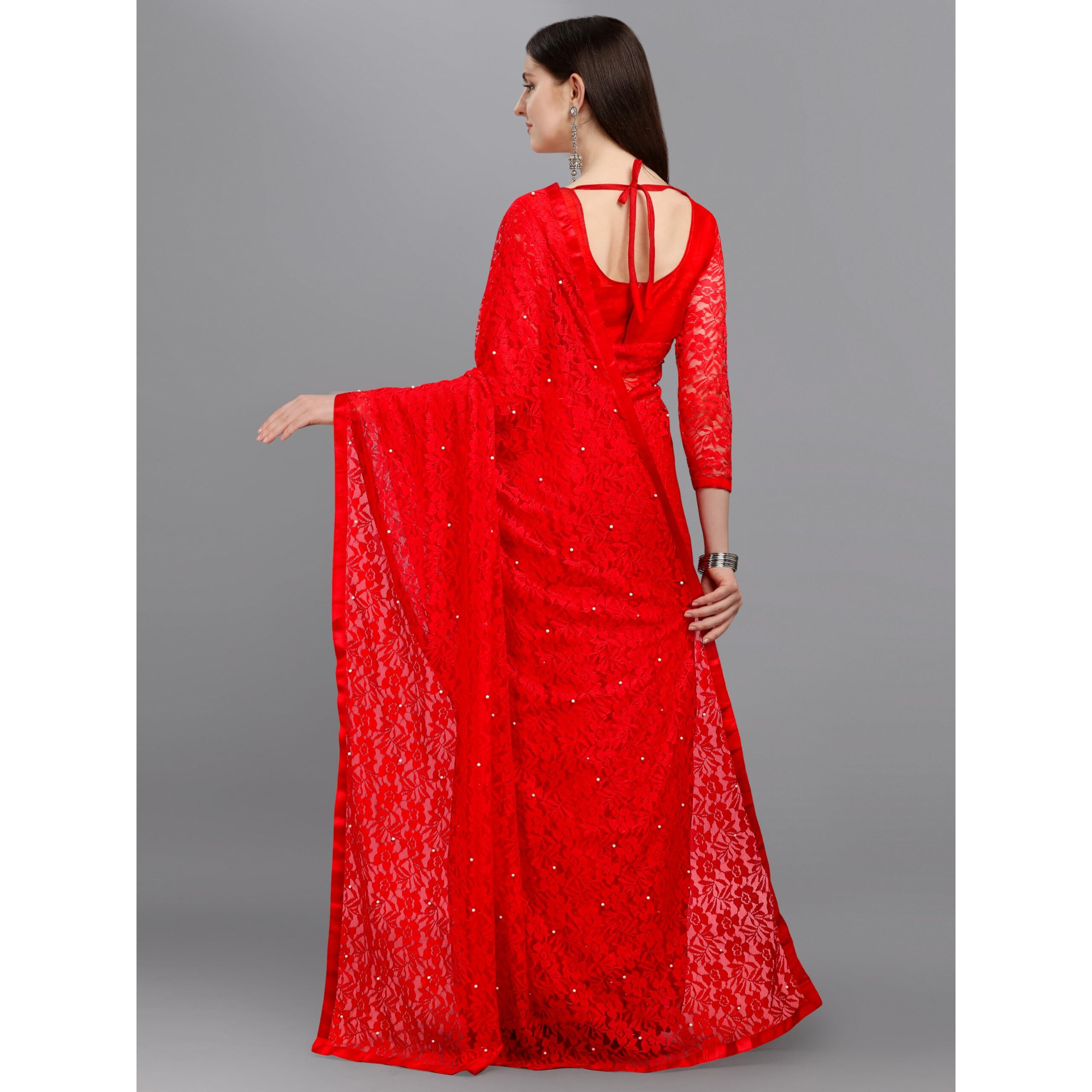 LOROFY Women's Brasso Net Saree With Blouse (Red)