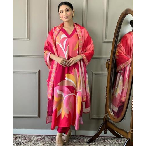ANNI DESIGNER Women's Cotton Blend Printed Straight Kurta with Pant & Dupatta (Tumari Pink_S_Pink_Small)