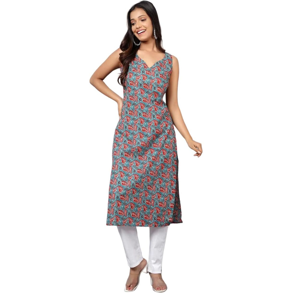 PATLANI Women's Cotton BLENED Sleeveless Printed Full Stitched Kurti.(k-199) Grey