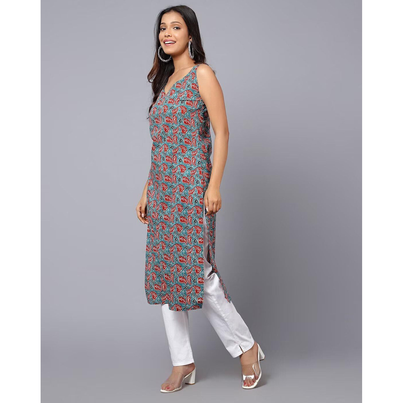 PATLANI Women's Cotton BLENED Sleeveless Printed Full Stitched Kurti.(k-199) Grey