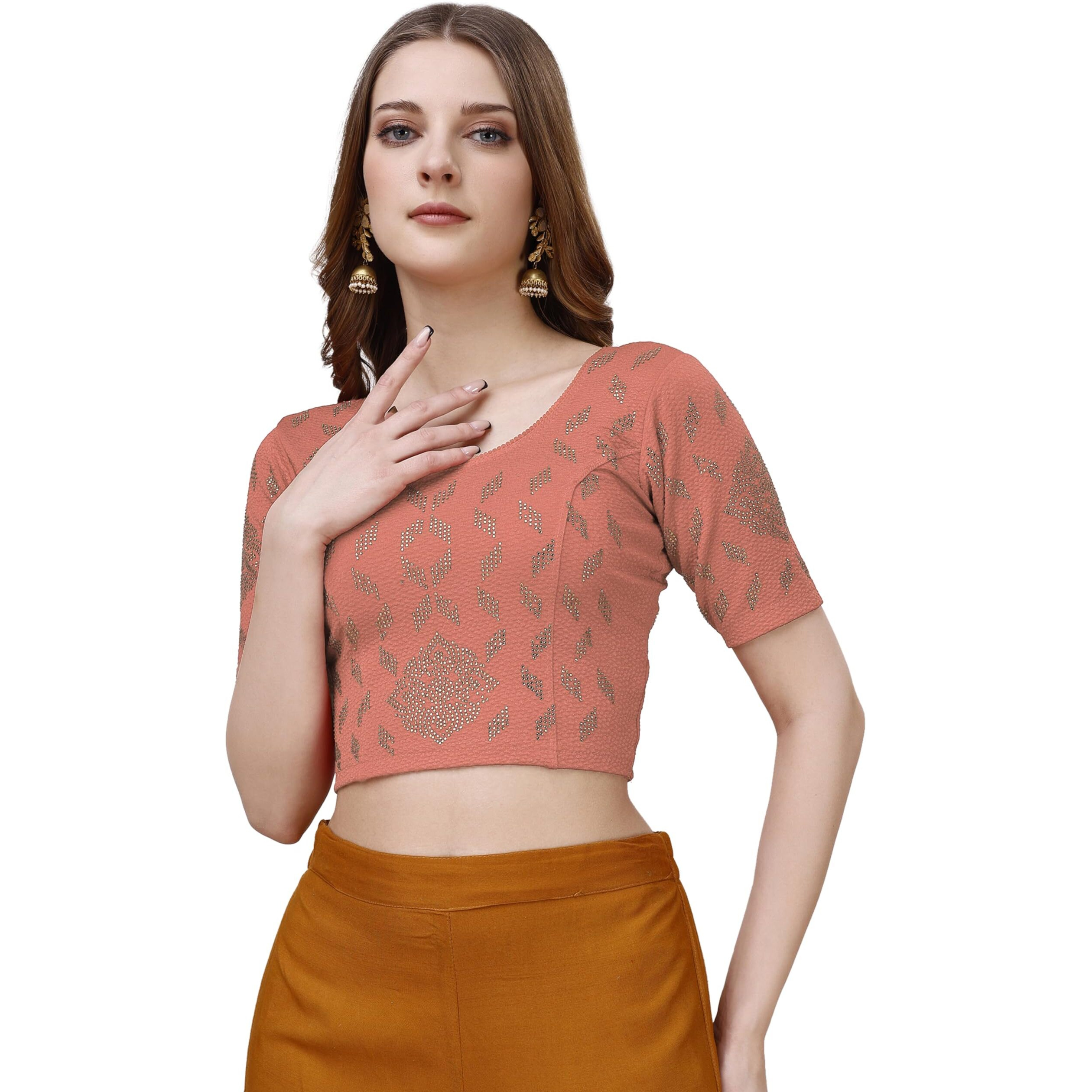 Vihu Fashion Women's Readymade Hosiery Lycra Stretchable Round Neck Half Sleeve Blouse with swaroski Work Fancy Lycra Stretchable Peach Blouse for Women Readymade Saree Blouse