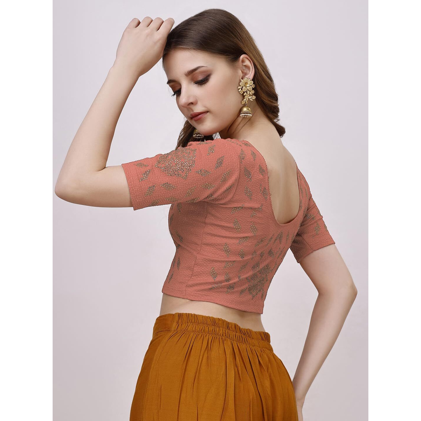 Vihu Fashion Women's Readymade Hosiery Lycra Stretchable Round Neck Half Sleeve Blouse with swaroski Work Fancy Lycra Stretchable Peach Blouse for Women Readymade Saree Blouse