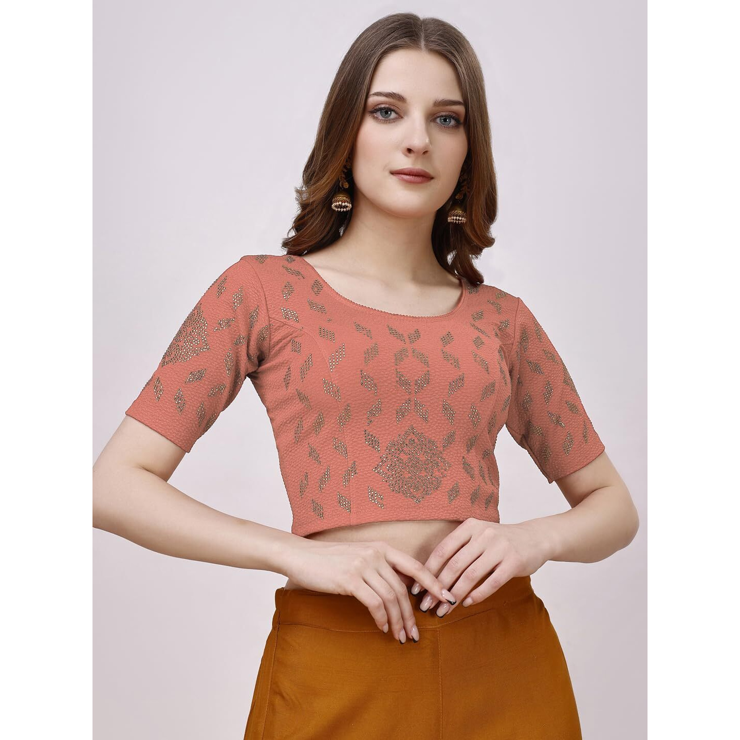 Vihu Fashion Women's Readymade Hosiery Lycra Stretchable Round Neck Half Sleeve Blouse with swaroski Work Fancy Lycra Stretchable Peach Blouse for Women Readymade Saree Blouse