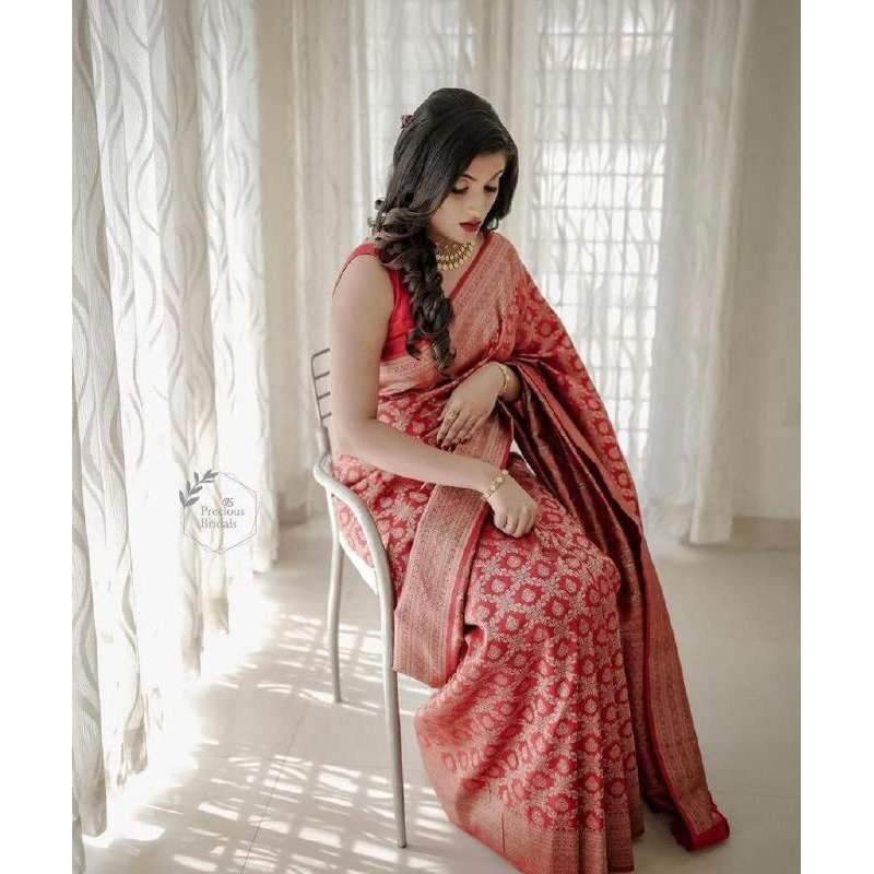 Flosive Women's Present Banarasi Soft Lichi Silk Saree Beautiful Jacquard Rich Pallu Design Work Zari Woven Kanjivaram Silk Style Saree With Soft Lichi Silk Blouse Piece Ayn Royal Red Vell & Flower