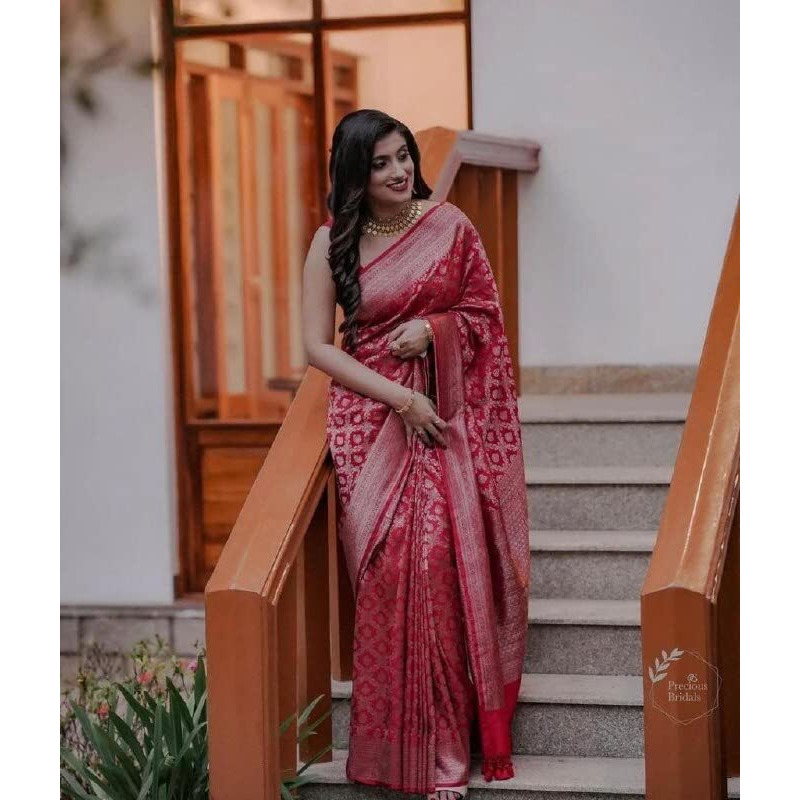 Flosive Women's Present Banarasi Soft Lichi Silk Saree Beautiful Jacquard Rich Pallu Design Work Zari Woven Kanjivaram Silk Style Saree With Soft Lichi Silk Blouse Piece Ayn Royal Red Vell & Flower