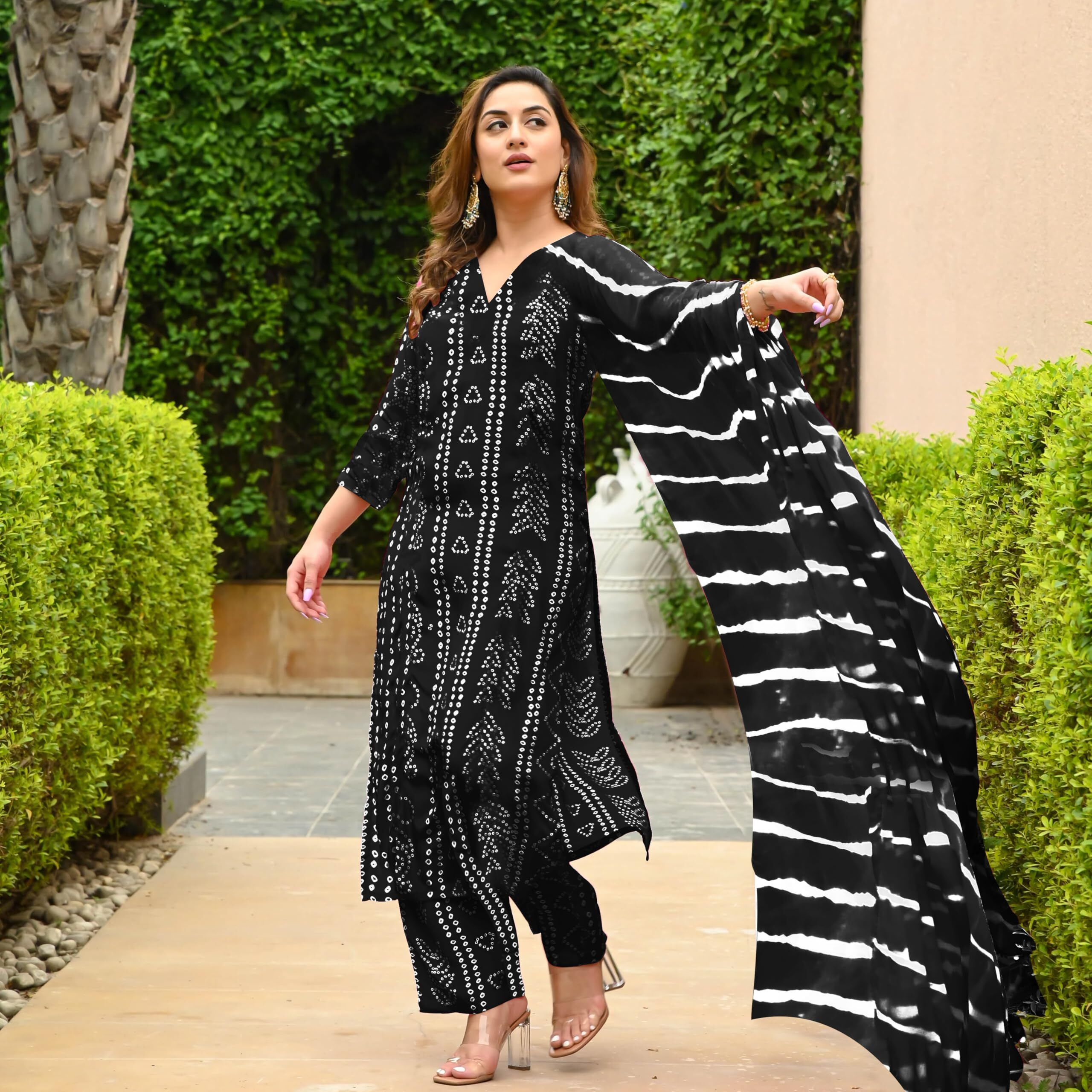 GoSriKi Women's Rayon Blend Straight Bandhej Printed Kurta with Pant & Dupatta (Baghira Black-GS_XL_Black_X-Large)