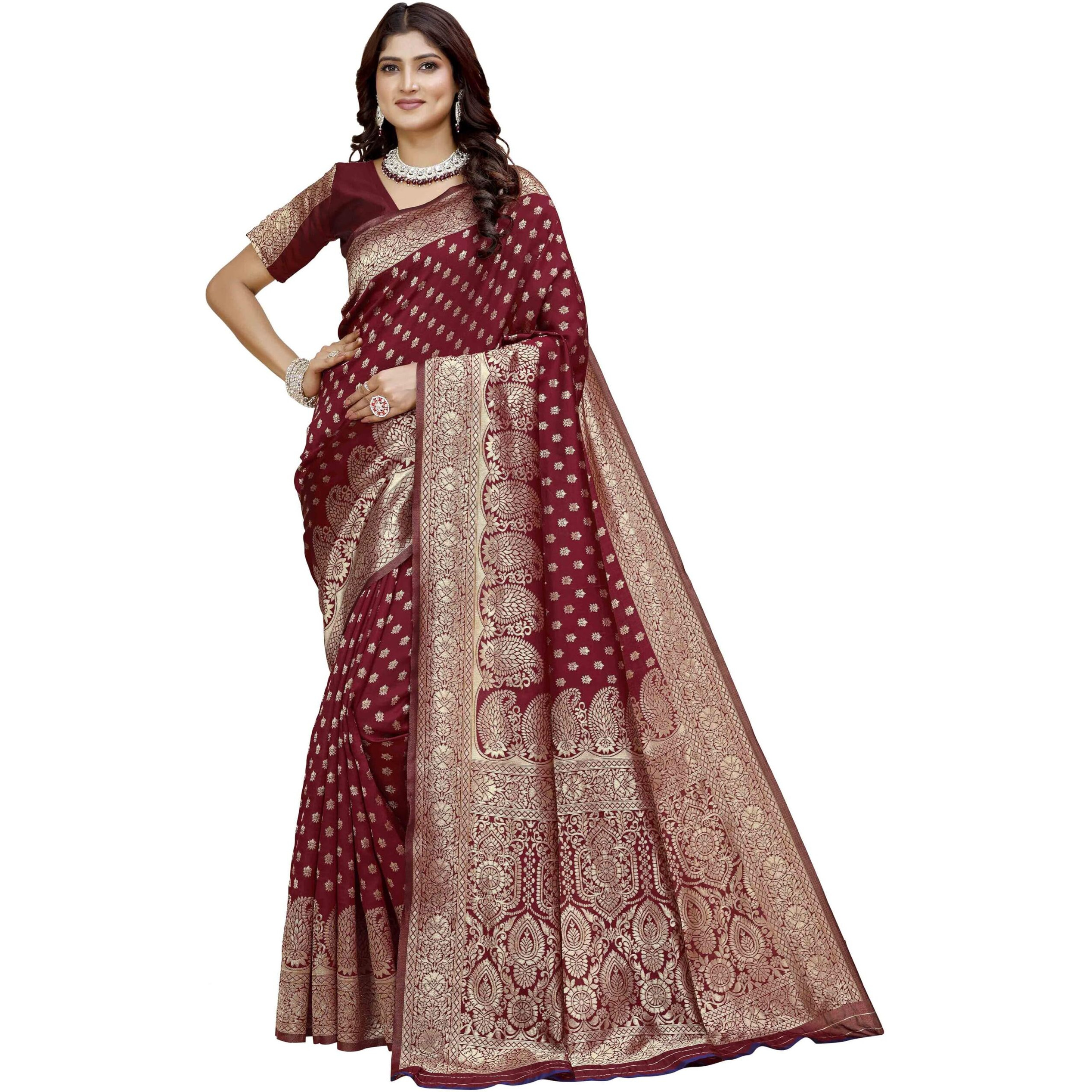 Shasmi Women's Banarasi Saree Pure Kanjivaram Silk Saree Soft new ladies 2025 Design Wear Pattu Sarees Latest Party Sari collections With Blouse Piece for Wedding sadi (PARI-215 MAROON)