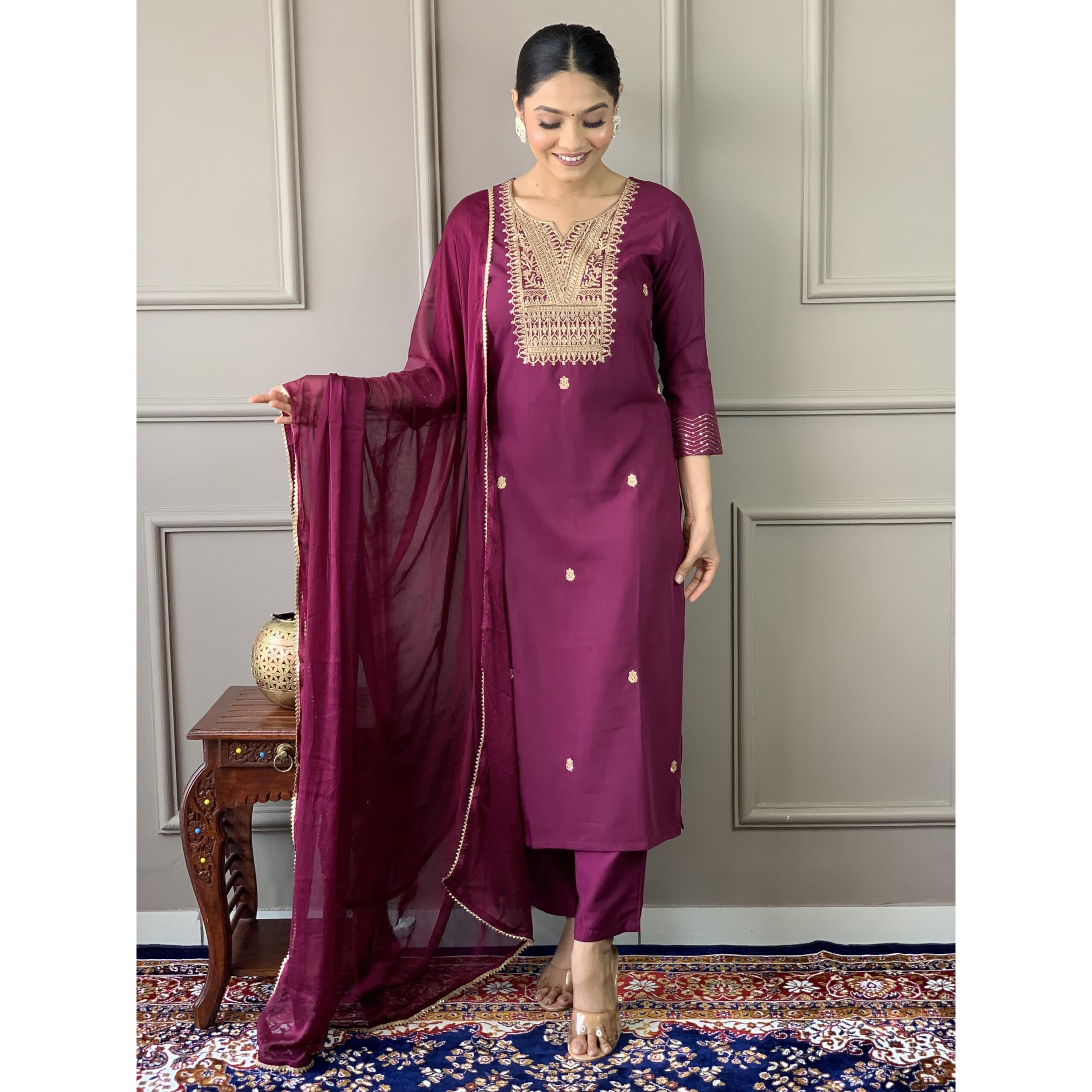 Naixa Women's Wine Rayon Slub Embroidered Straight Kurta with Rayon Slub Pant and Chinon Laced Dupatta Sets (NX-554-Wine-M)