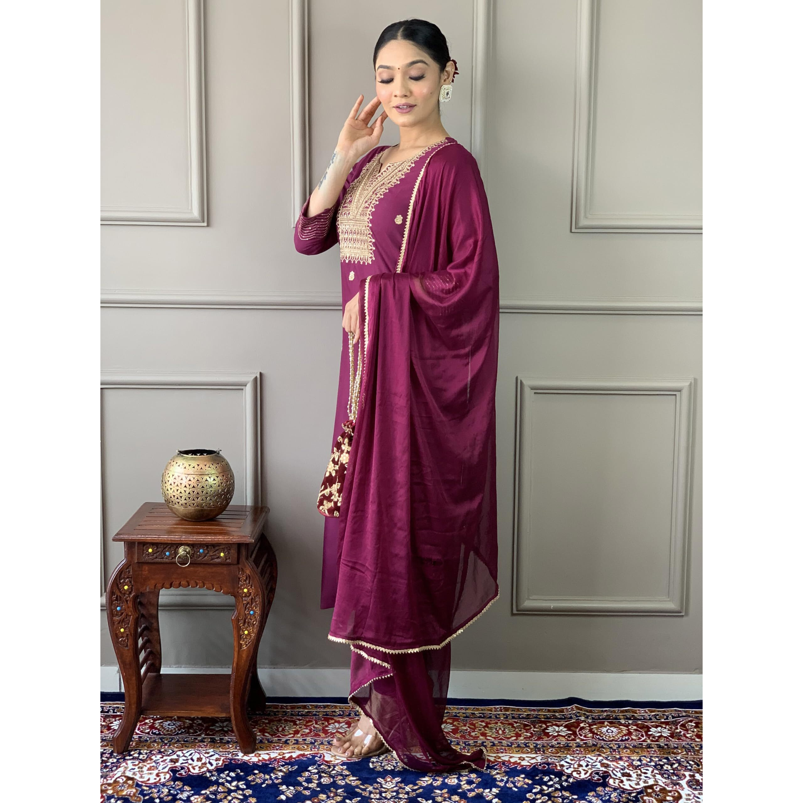 Naixa Women's Wine Rayon Slub Embroidered Straight Kurta with Rayon Slub Pant and Chinon Laced Dupatta Sets (NX-554-Wine-M)