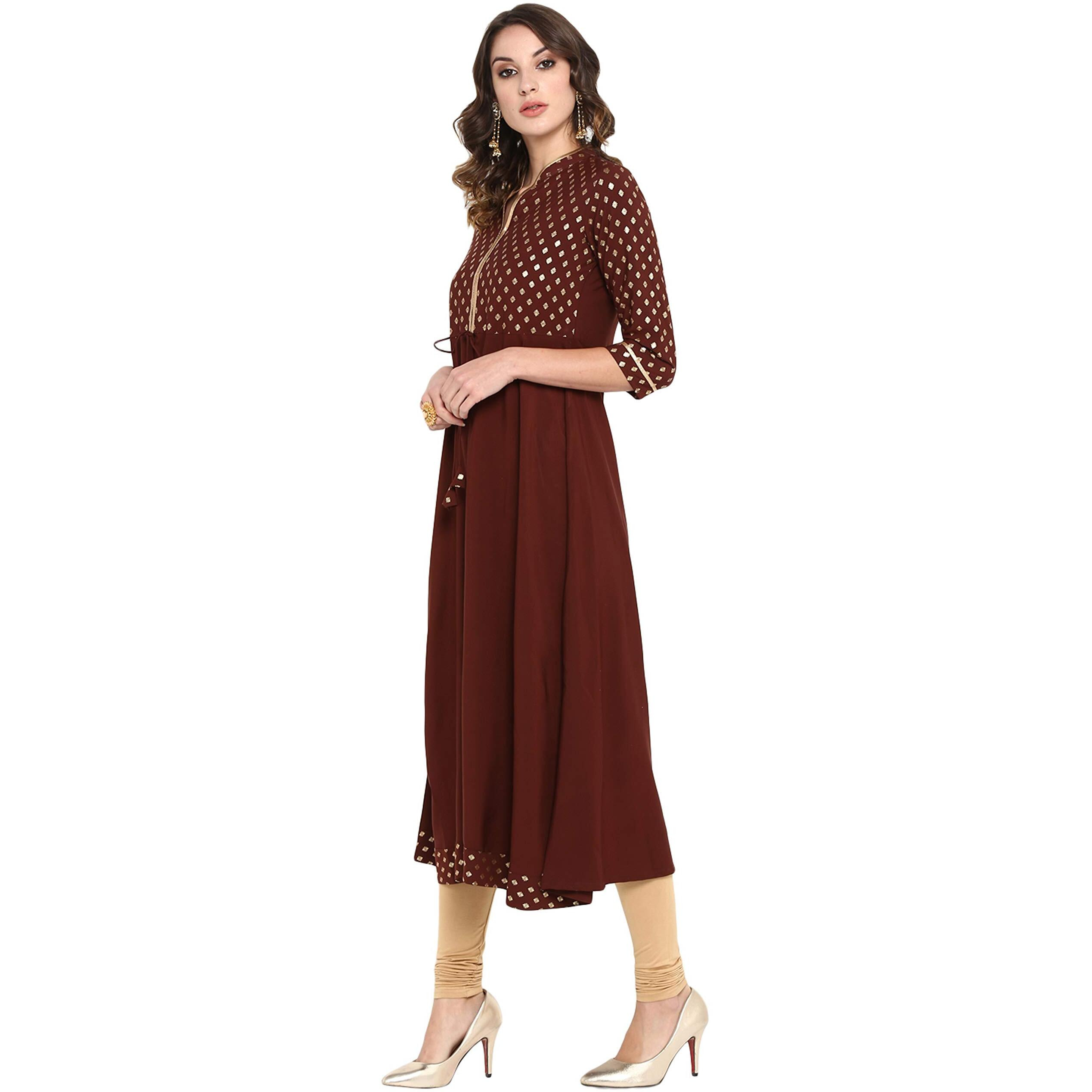 Janasya Women's Brown Poly Crepe A-line Kurta(Brown_X-Small)