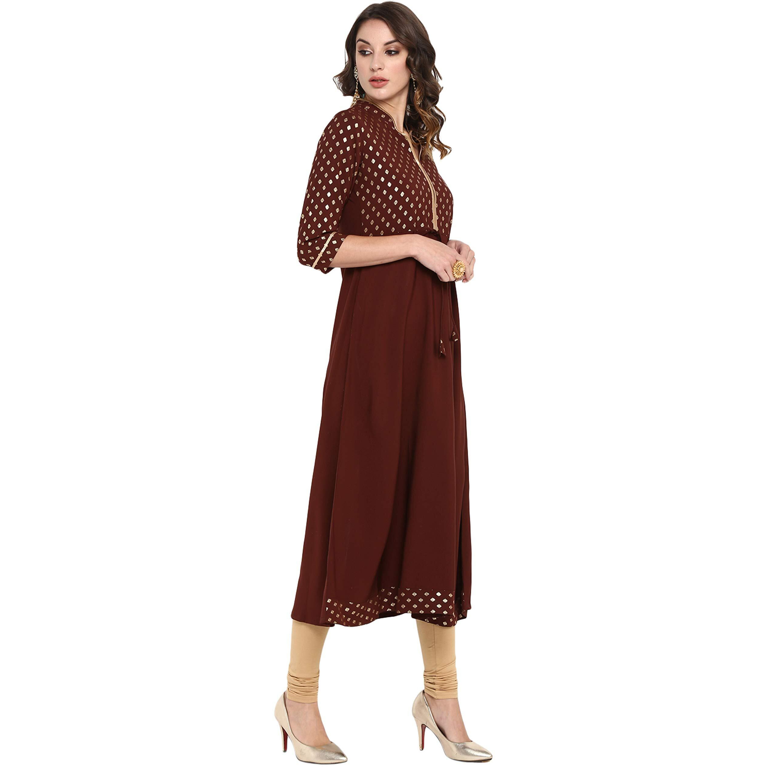 Janasya Women's Brown Poly Crepe A-line Kurta(Brown_X-Small)