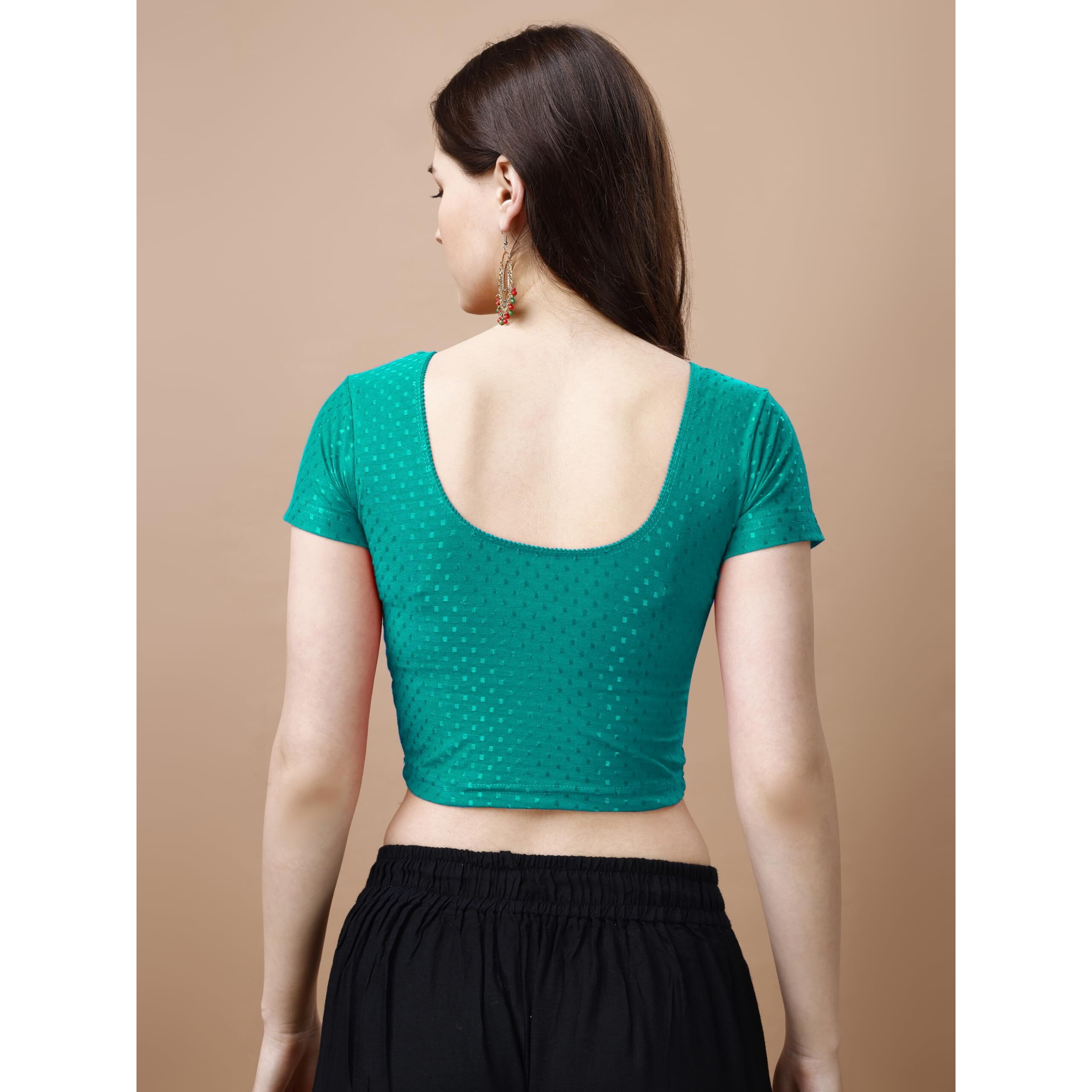 Pujia Mills Women's Readymade Dobby Cotton Lycra Stretchable Round Neck Short Sleeve Blouse Fancy Rama Color Lycra Stretchable Blouse for Women Stylish Readymade Saree Blouse