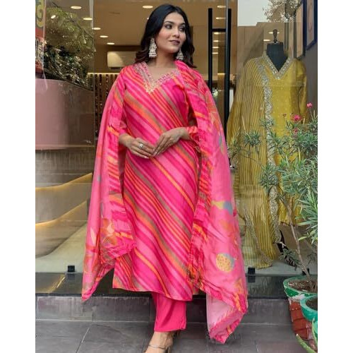 ANNI DESIGNER Women's Cotton Blend Straight Printed Kurta with Pant & Dupatta (Mang Pink_S_Pink_Small)