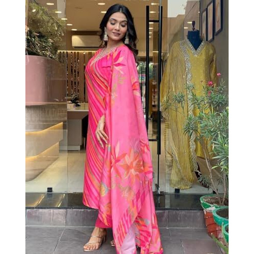 ANNI DESIGNER Women's Cotton Blend Straight Printed Kurta with Pant & Dupatta (Mang Pink_S_Pink_Small)