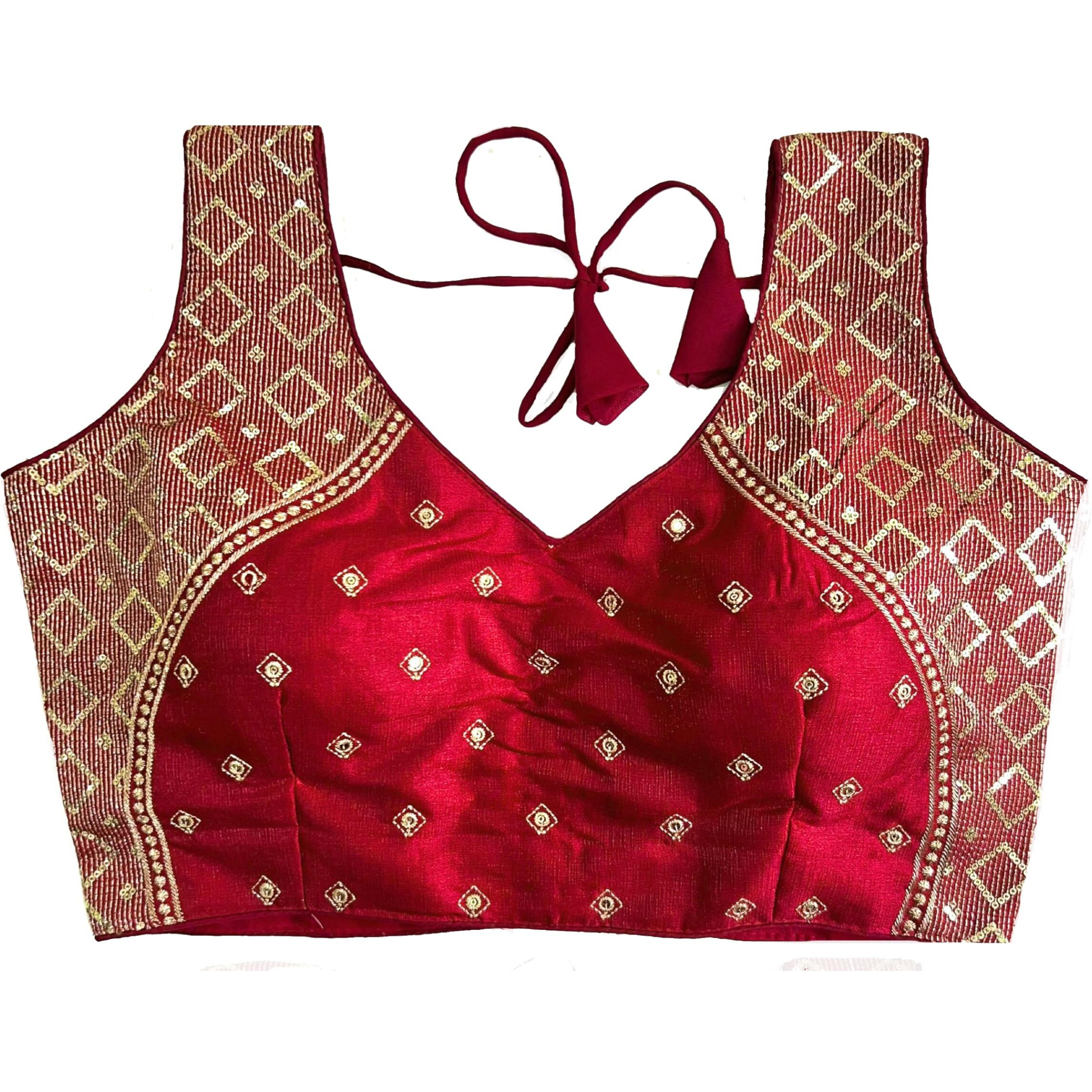 Pujia Mills Women's Sequin Embroidered V Neck Sleeveless Readymade Saree Blouse Indian Ethnic Designer Stitched Women's Readymade Saree Blouse Maroon Sleeveless Padded Readymade Blouse for Women