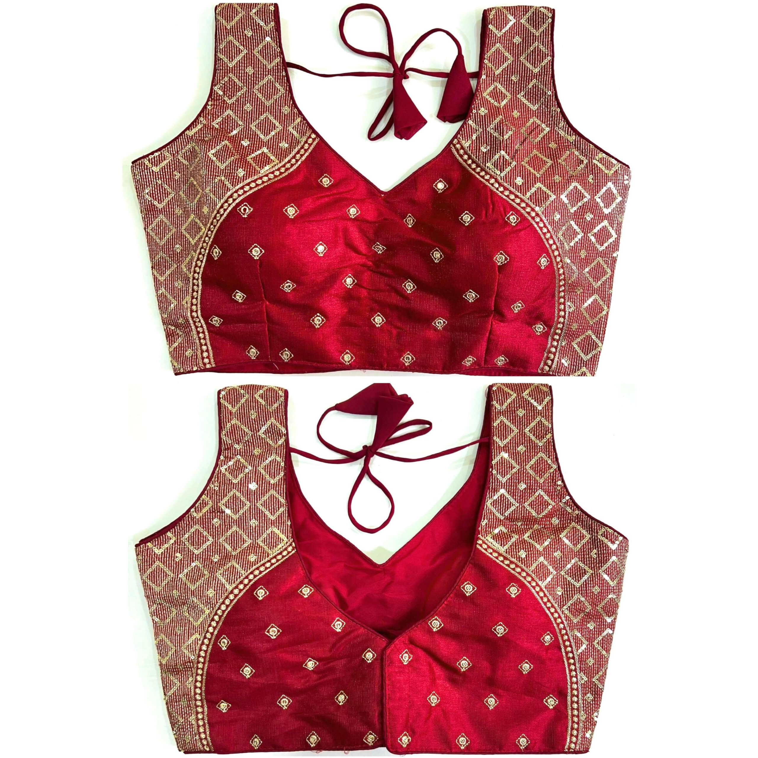 Pujia Mills Women's Sequin Embroidered V Neck Sleeveless Readymade Saree Blouse Indian Ethnic Designer Stitched Women's Readymade Saree Blouse Maroon Sleeveless Padded Readymade Blouse for Women