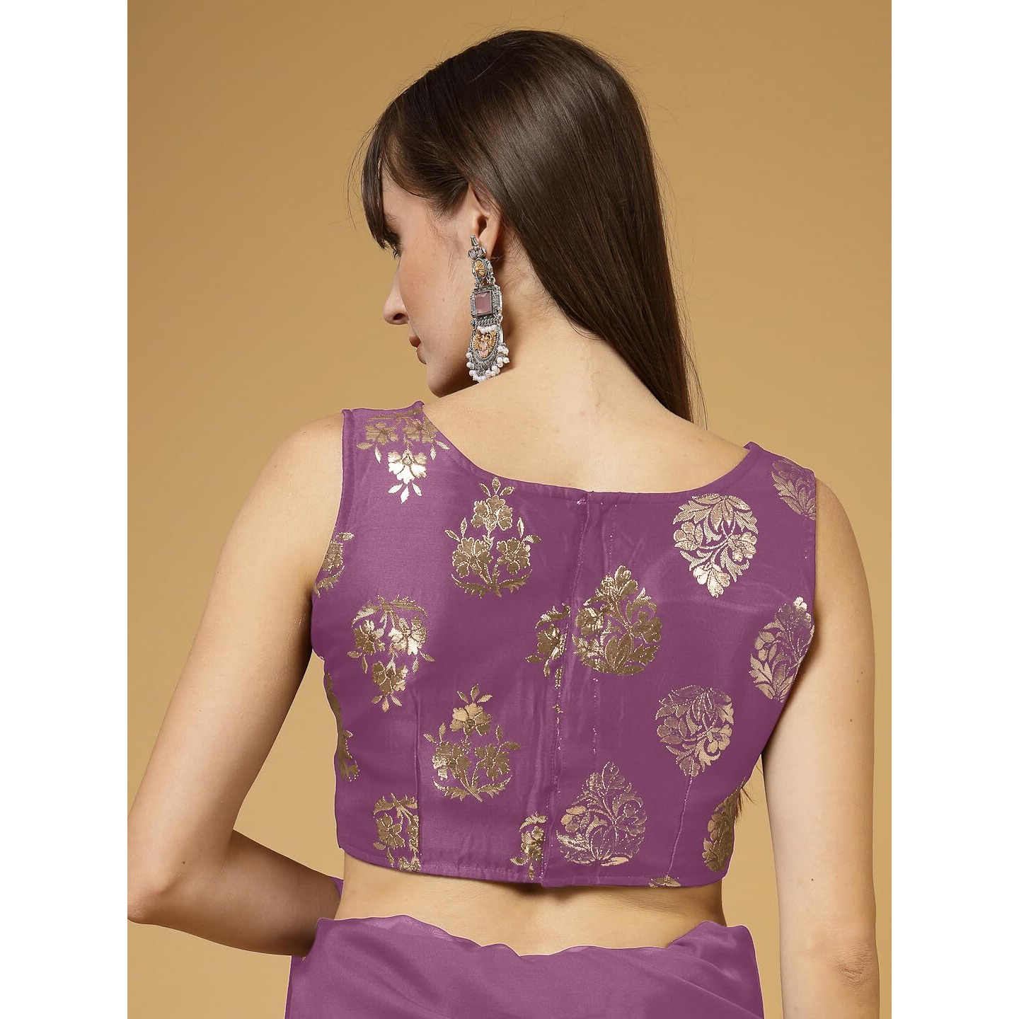 OOMPH Women's Indian Ethnic Wear Designer Big Paisley Pattern Zari Work V Neck Sleeveless Fuscia Pink Color Brocade Readymade Blouse for Saree or Lehnga and Fusion Twist. L