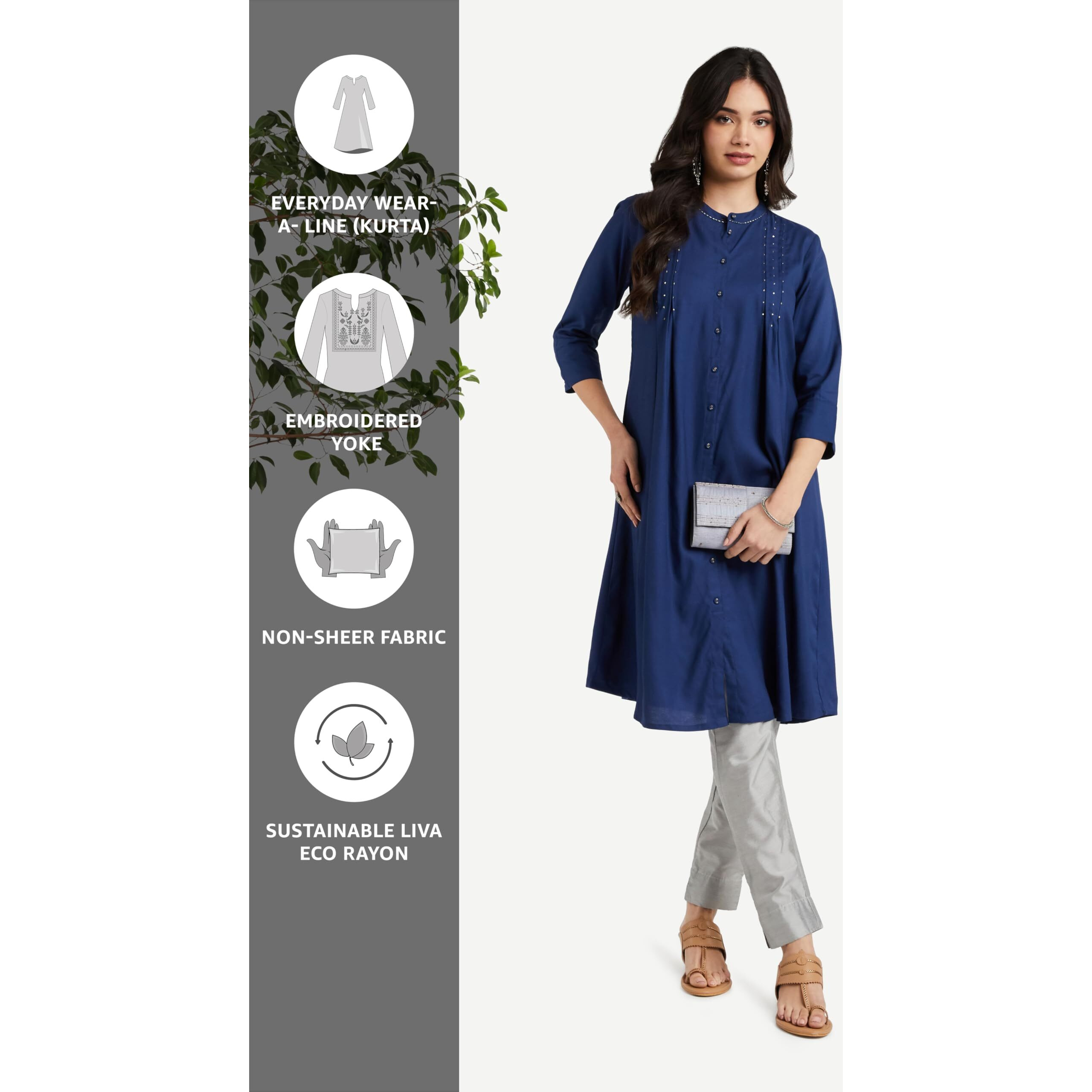 Amazon Brand - Myx Women's Rayon Regular Kurta (MYX-AW23-KU-07_Navy_S)