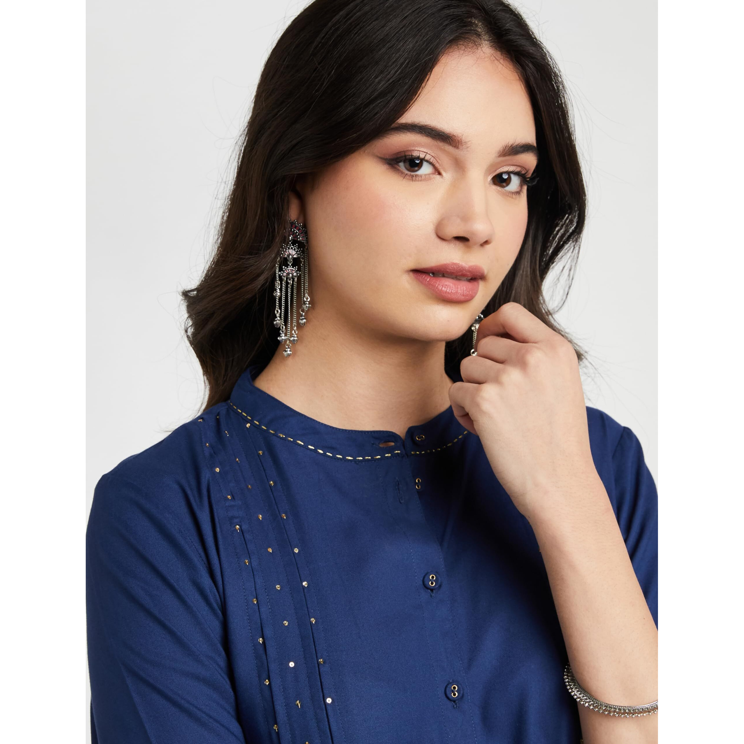 Amazon Brand - Myx Women's Rayon Regular Kurta (MYX-AW23-KU-07_Navy_S)