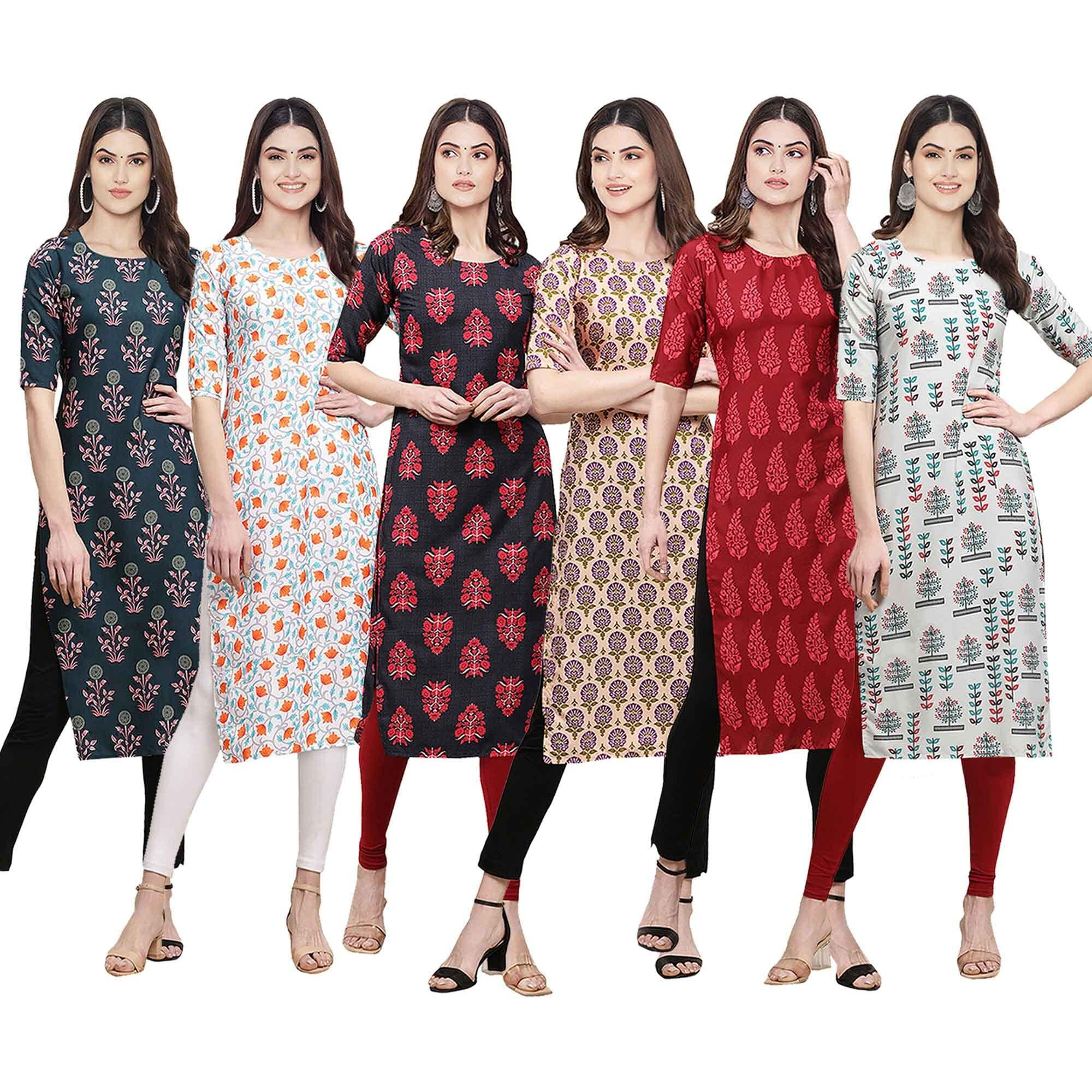Pinkmint Women's Crepe Digital Print Straight Kurta [Pack of 6] (CKE-335-334-345-332-337-340-XL)