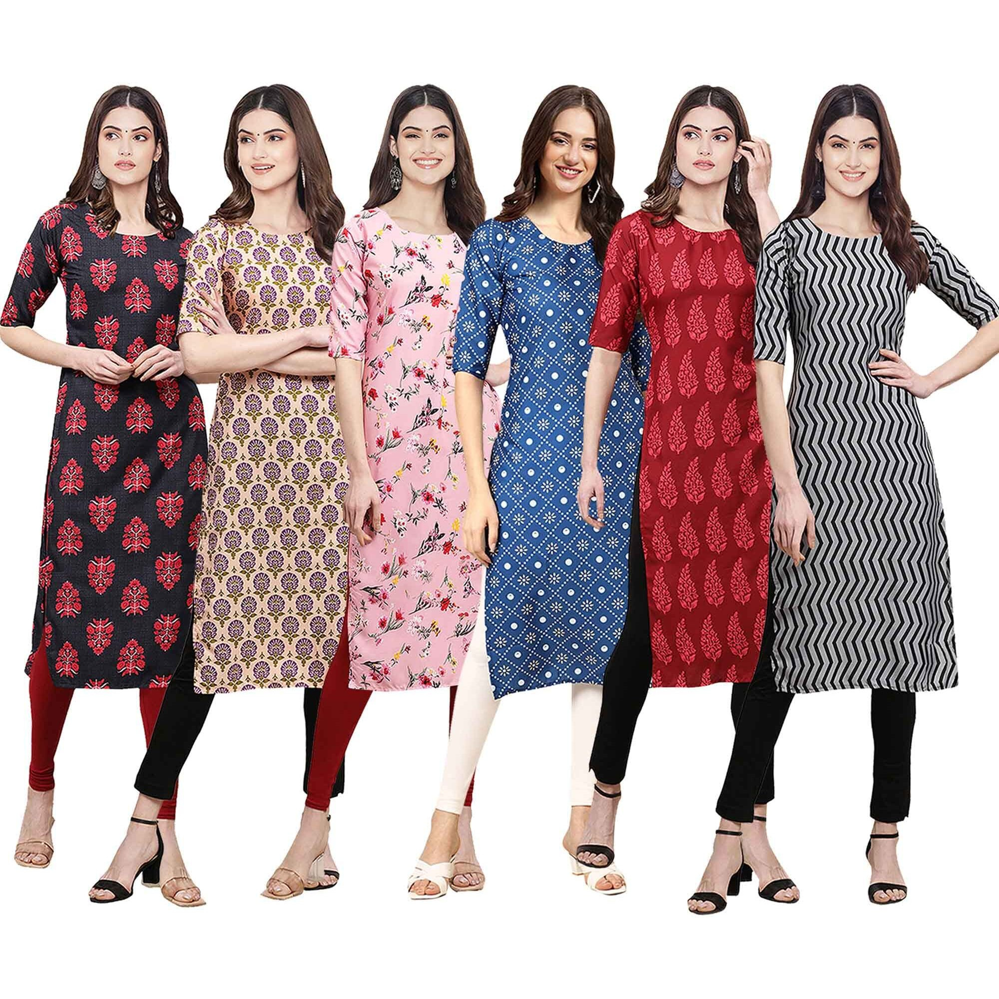 Pinkmint Women's Crepe Digital Print Straight Kurta [Pack of 6] (CKE-345-332-339-353-337-336-XL)