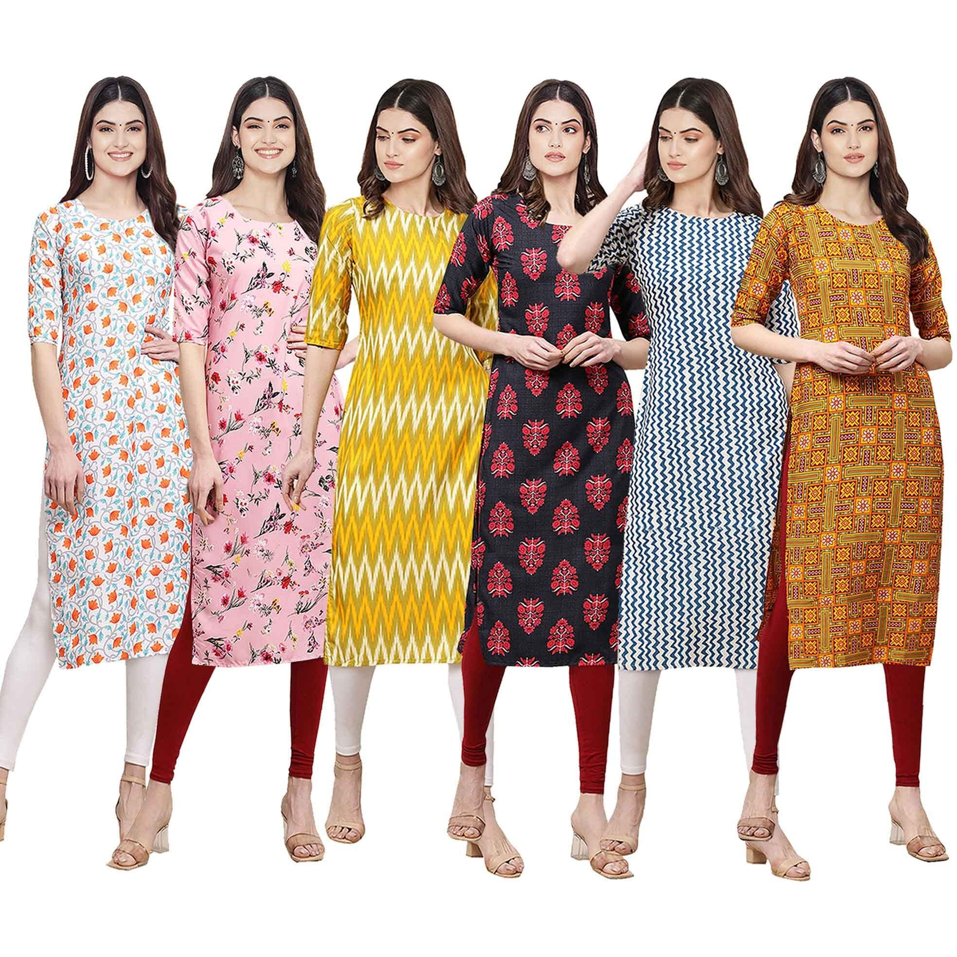Pinkmint Women's Crepe Digital Print Straight Kurta [Pack of 6] (CKE-334-339-329-345-331-333-XXL)