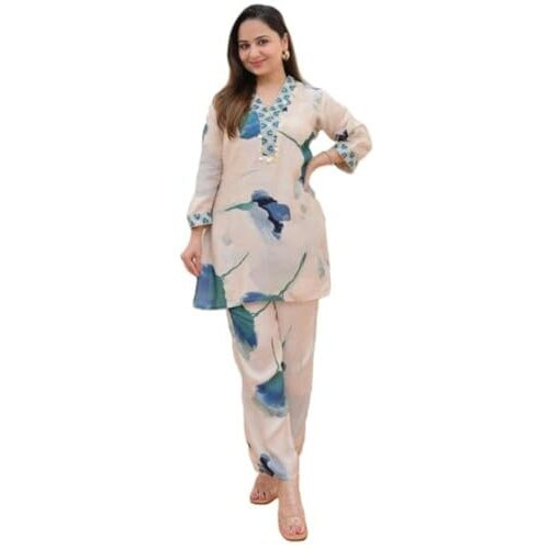 Leriya Fashion Ethnic Co Ord Set for Women Kurta Set for Women | 2 Piece Kurta Set | Kurta with Pant for Women | Co-ord Set (X-Large, Off White)