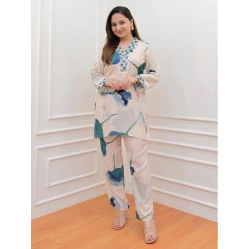 Leriya Fashion Ethnic Co Ord Set for Women Kurta Set for Women | 2 Piece Kurta Set | Kurta with Pant for Women | Co-ord Set (Medium, Off White)