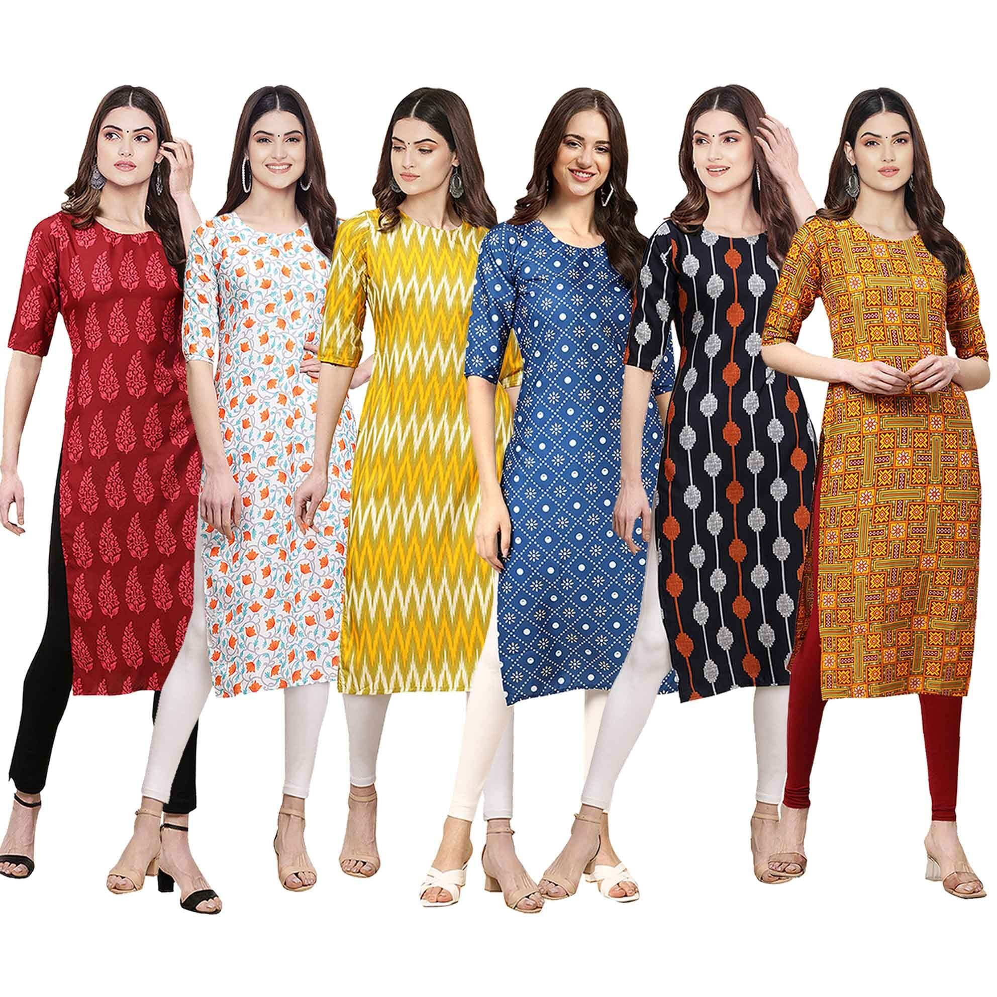Pinkmint Women's Crepe Digital Print Straight Kurta [Pack of 6] (CKE-337-334-329-353-330-333-L)