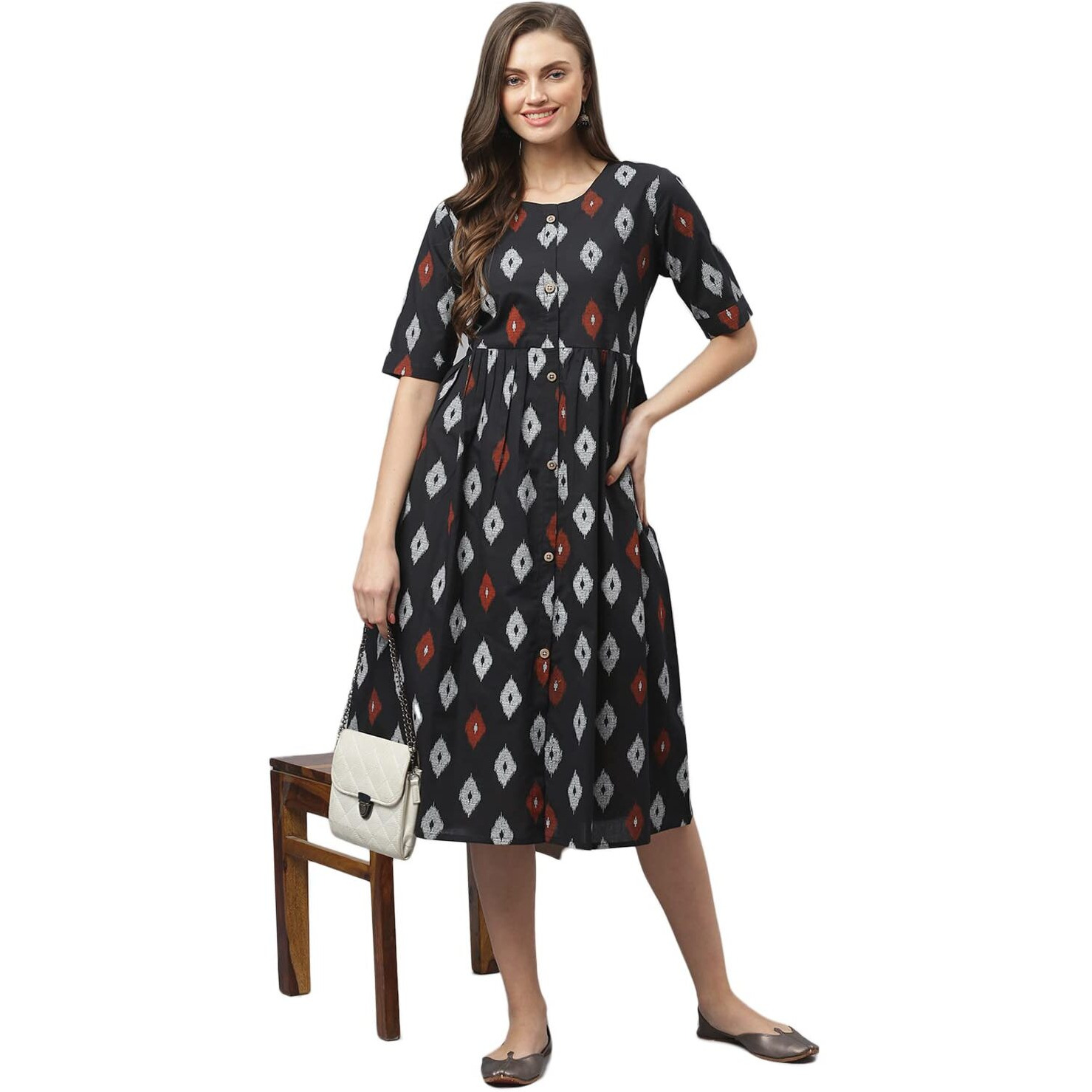 Stylum Women's Ikat Print Cotton Flared Kurta (CAIROBLACK38_Black, M)