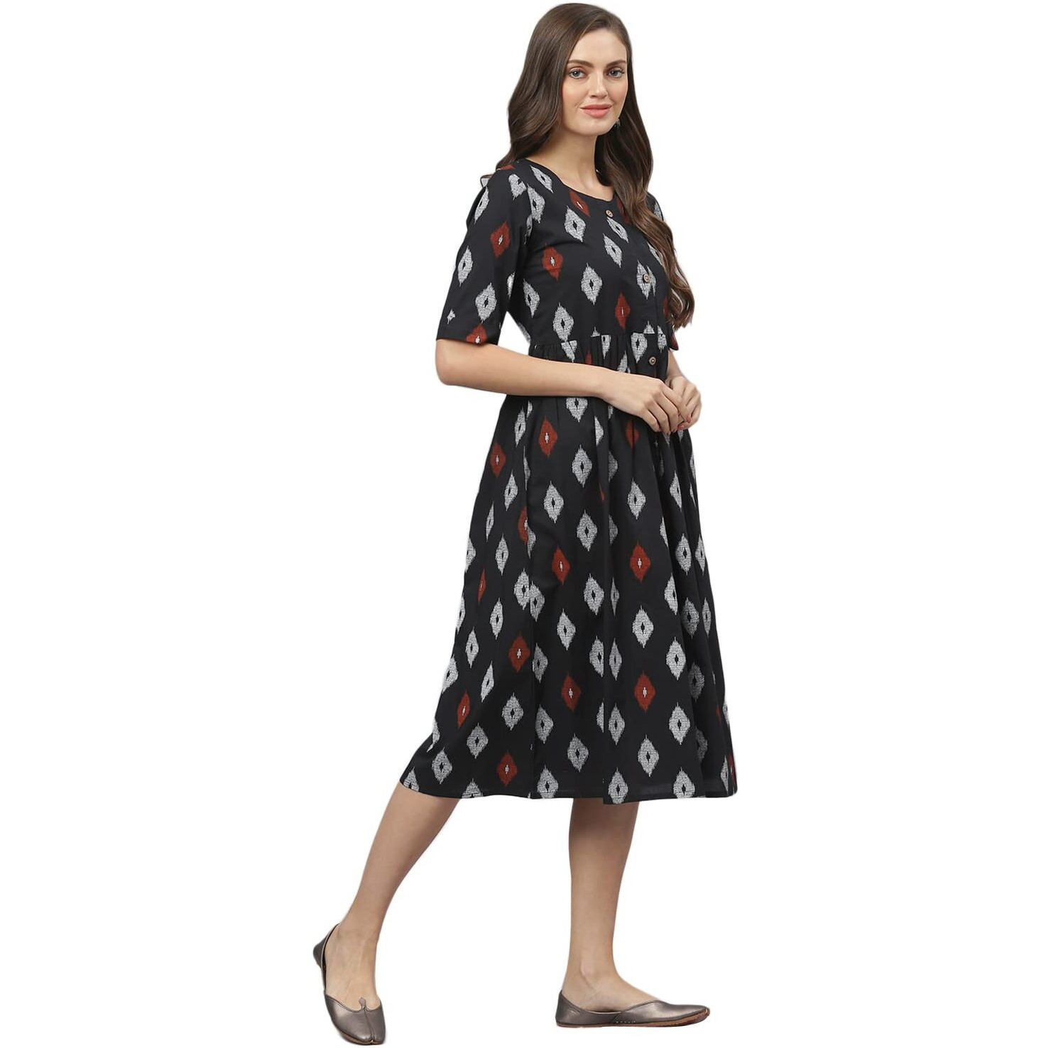 Stylum Women's Ikat Print Cotton Flared Kurta (CAIROBLACK38_Black, M)