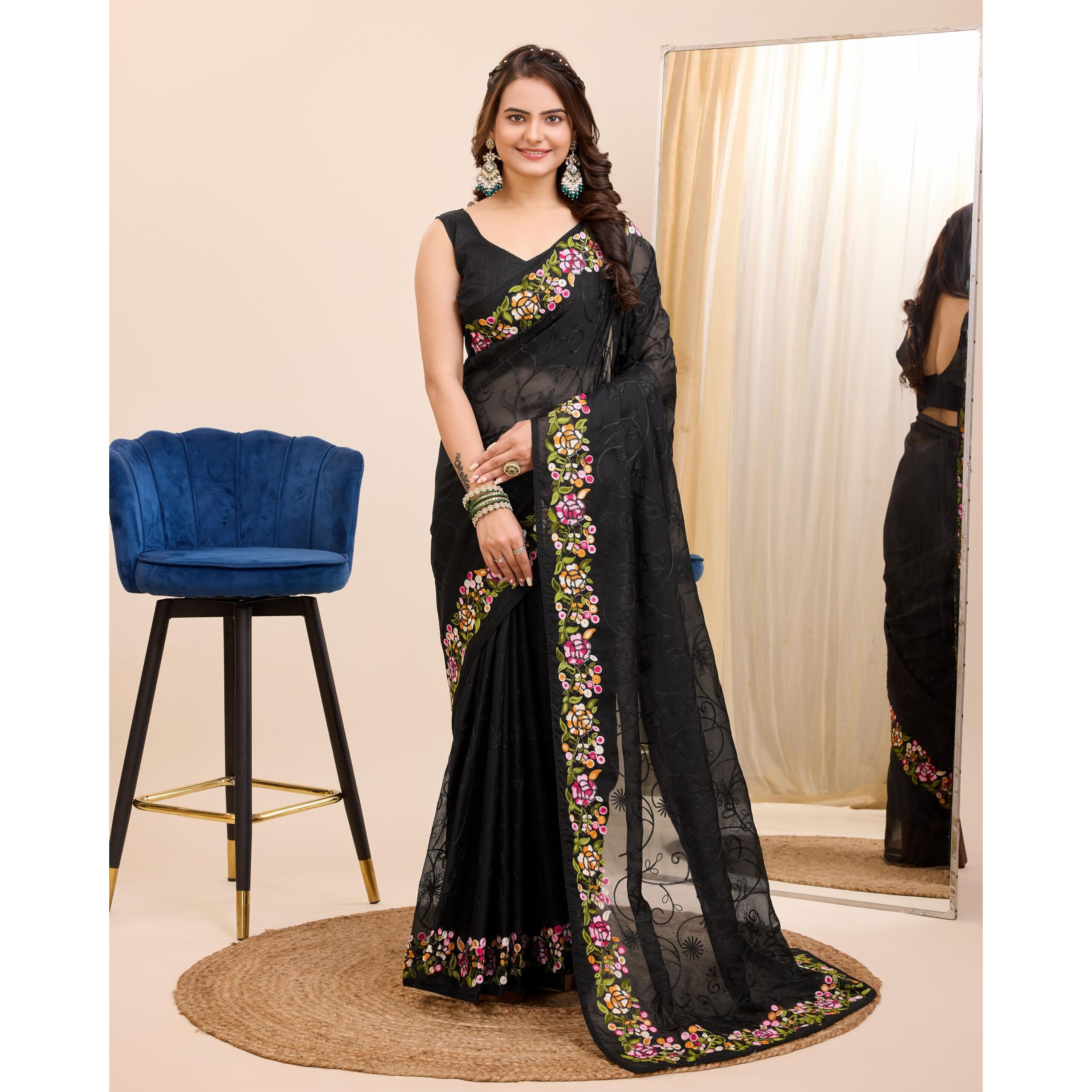 Ekasya Women Soft Organza Black Embroidery Saree (E6200_3)