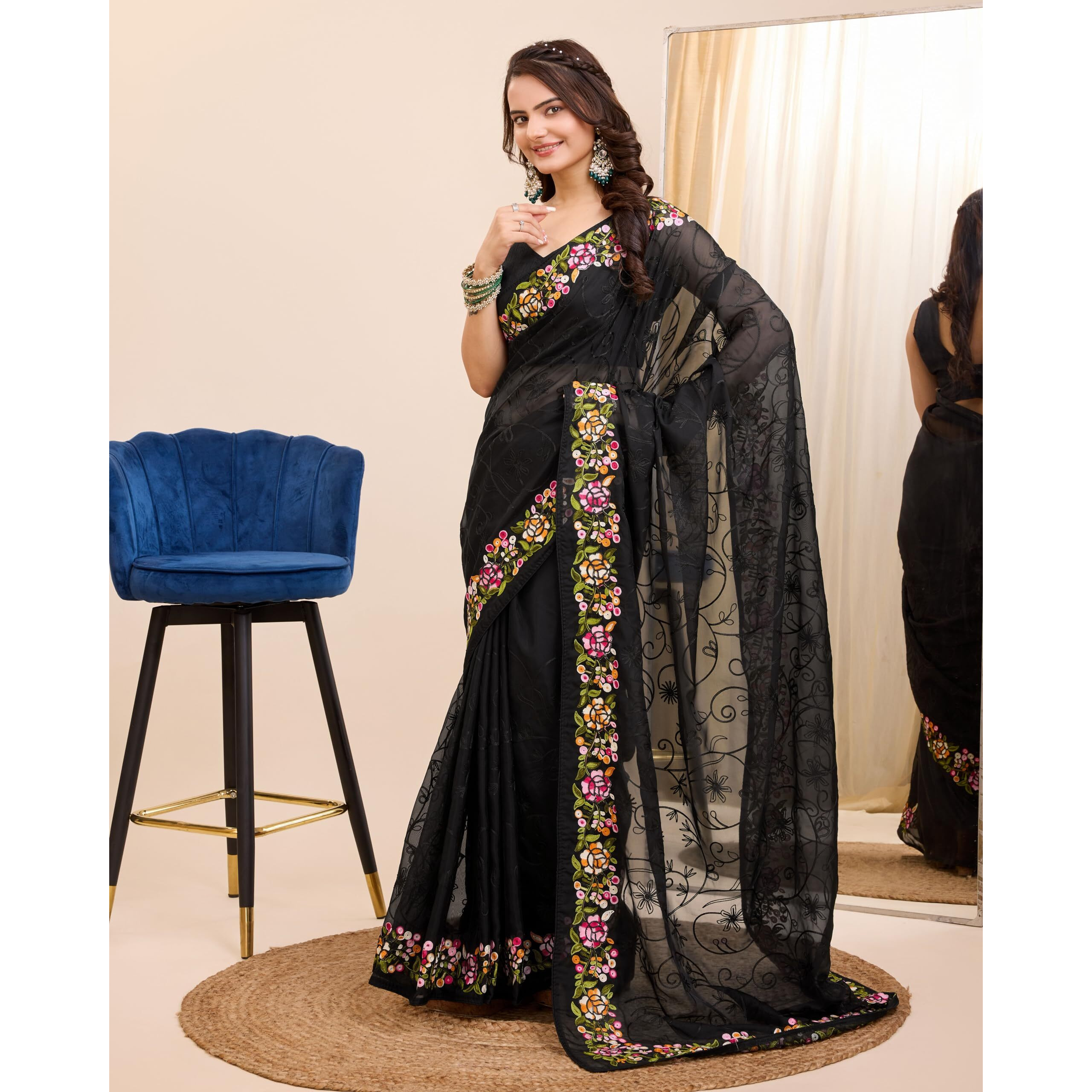 Ekasya Women Soft Organza Black Embroidery Saree (E6200_3)