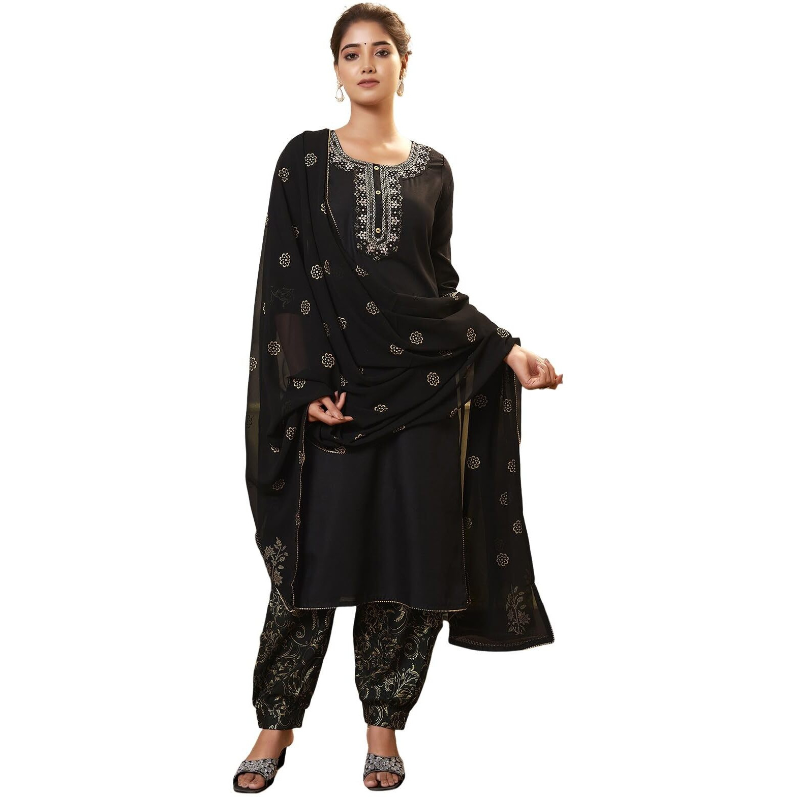 Sanisa Women's Cotton Blend Sequence Embroidery Work Straight Kurta With Pant And Dupatta Set (109KBD1194N-L_Black)