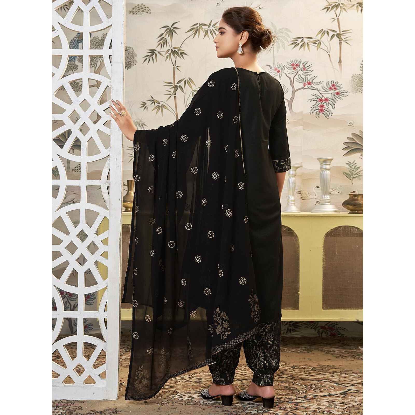 Sanisa Women's Cotton Blend Sequence Embroidery Work Straight Kurta With Pant And Dupatta Set (109KBD1194N-L_Black)