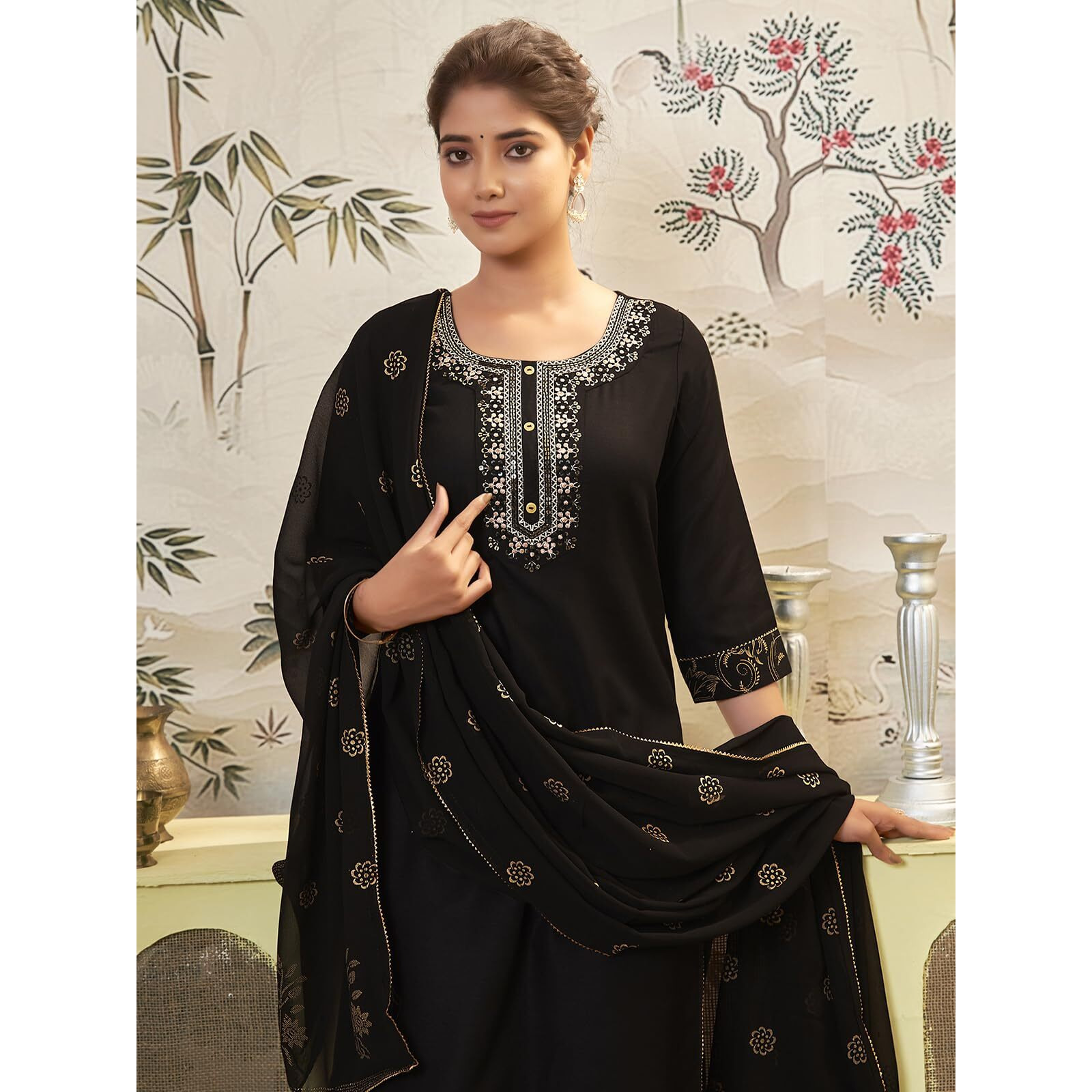 Sanisa Women's Cotton Blend Sequence Embroidery Work Straight Kurta With Pant And Dupatta Set (109KBD1194N-L_Black)