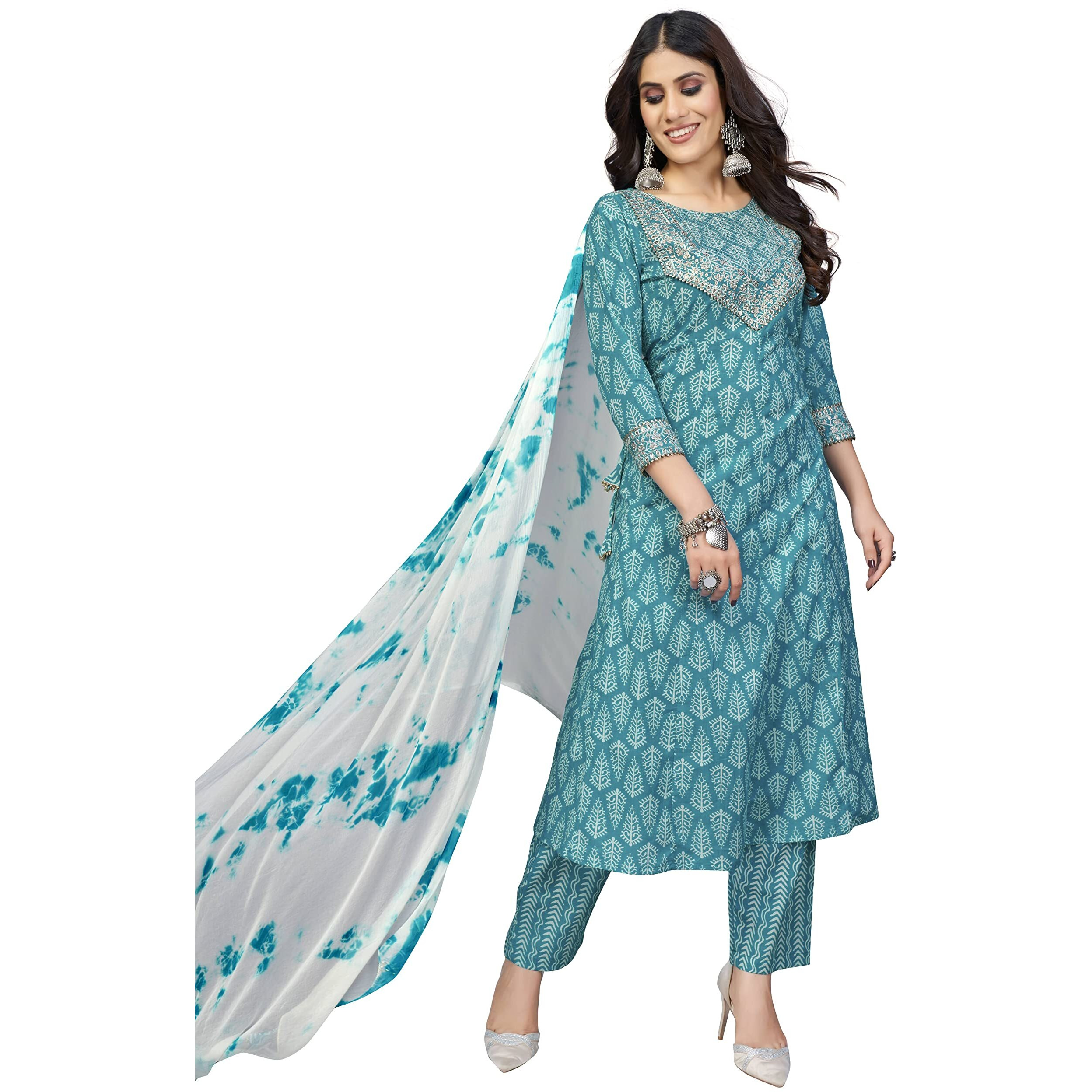 Vbuyz Women's Cotton Print & Sequience A-Line Stitched Kurta Pant With Dupatta | Party Festival Kurta Set | Kurta Set For Women | Suit Set For Women | Kurti Dress Set | Cotton Fabric Set