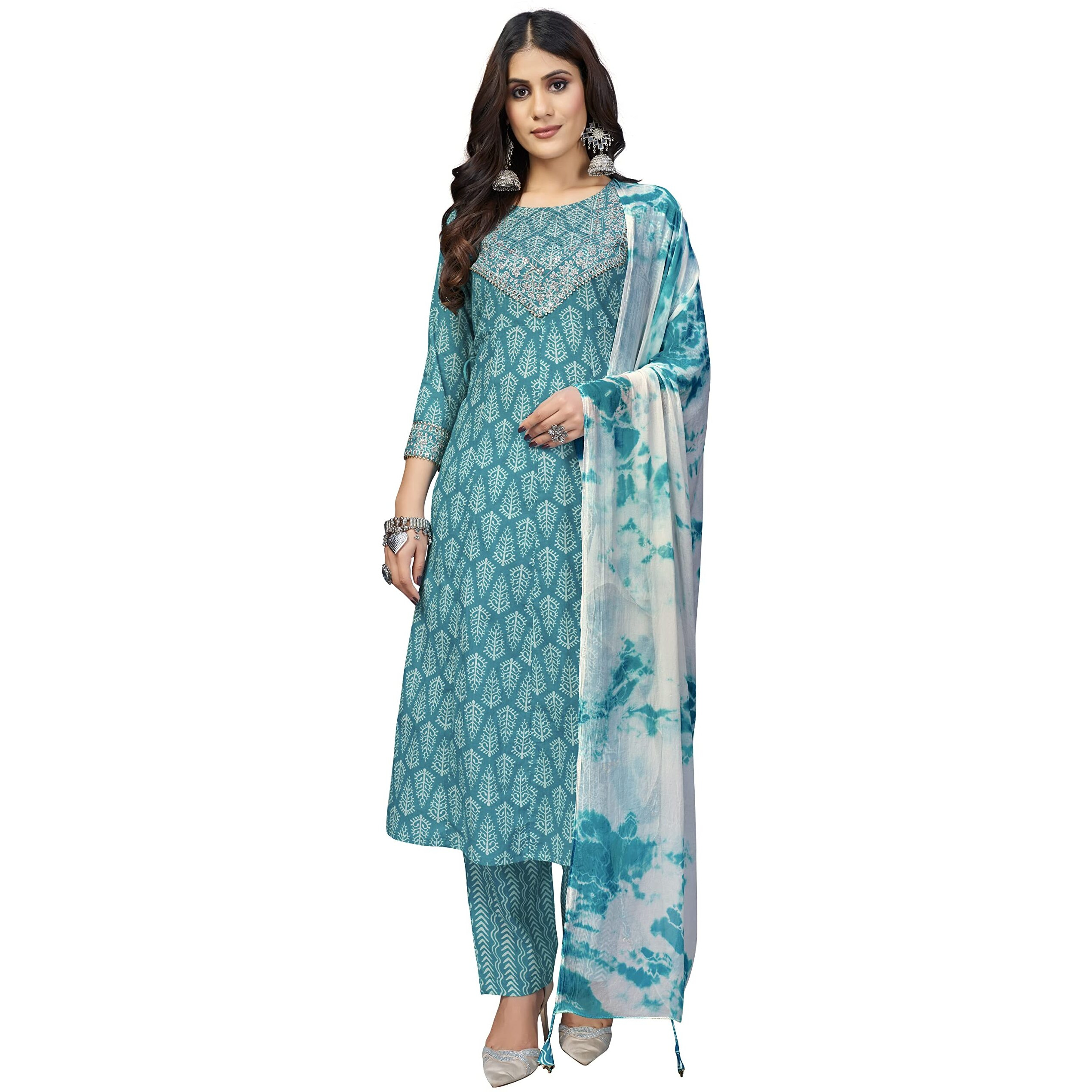 Vbuyz Women's Cotton Print & Sequience A-Line Stitched Kurta Pant With Dupatta | Party Festival Kurta Set | Kurta Set For Women | Suit Set For Women | Kurti Dress Set | Cotton Fabric Set