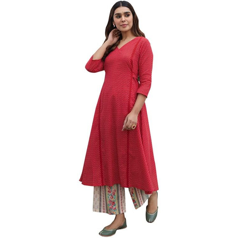 Janasya Women's Red Cotton Ethnic Motifs A-Line Kurta Set (JAA24ST00258-XS)