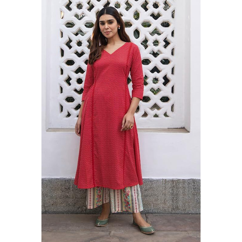 Janasya Women's Red Cotton Ethnic Motifs A-Line Kurta Set (JAA24ST00258-XS)