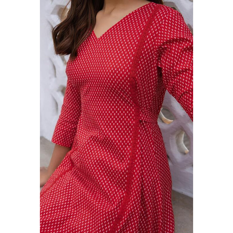 Janasya Women's Red Cotton Ethnic Motifs A-Line Kurta Set (JAA24ST00258-XS)